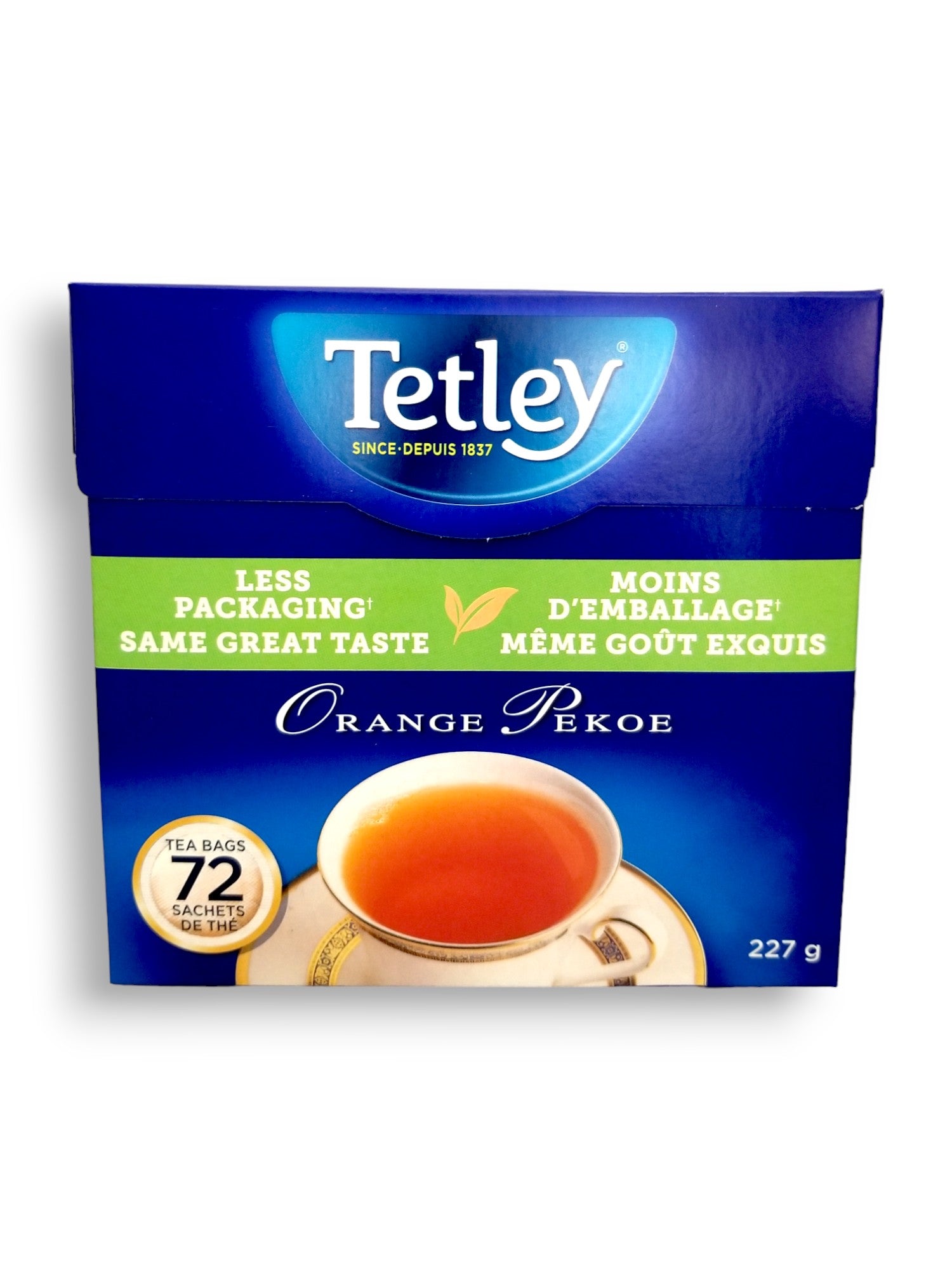 Tetley Orange Pekoe Black Tea - 72 Count, 227g, front of package.