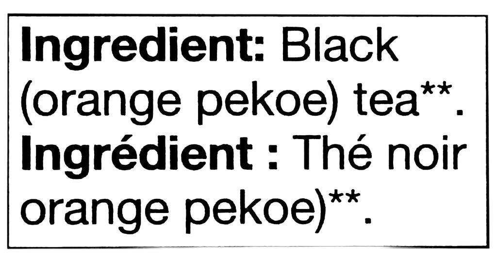 Tetley Orange Pekoe Decaffeinated Black Tea - 48 Count, 96g/3.4 oz., Package, ingredients label.