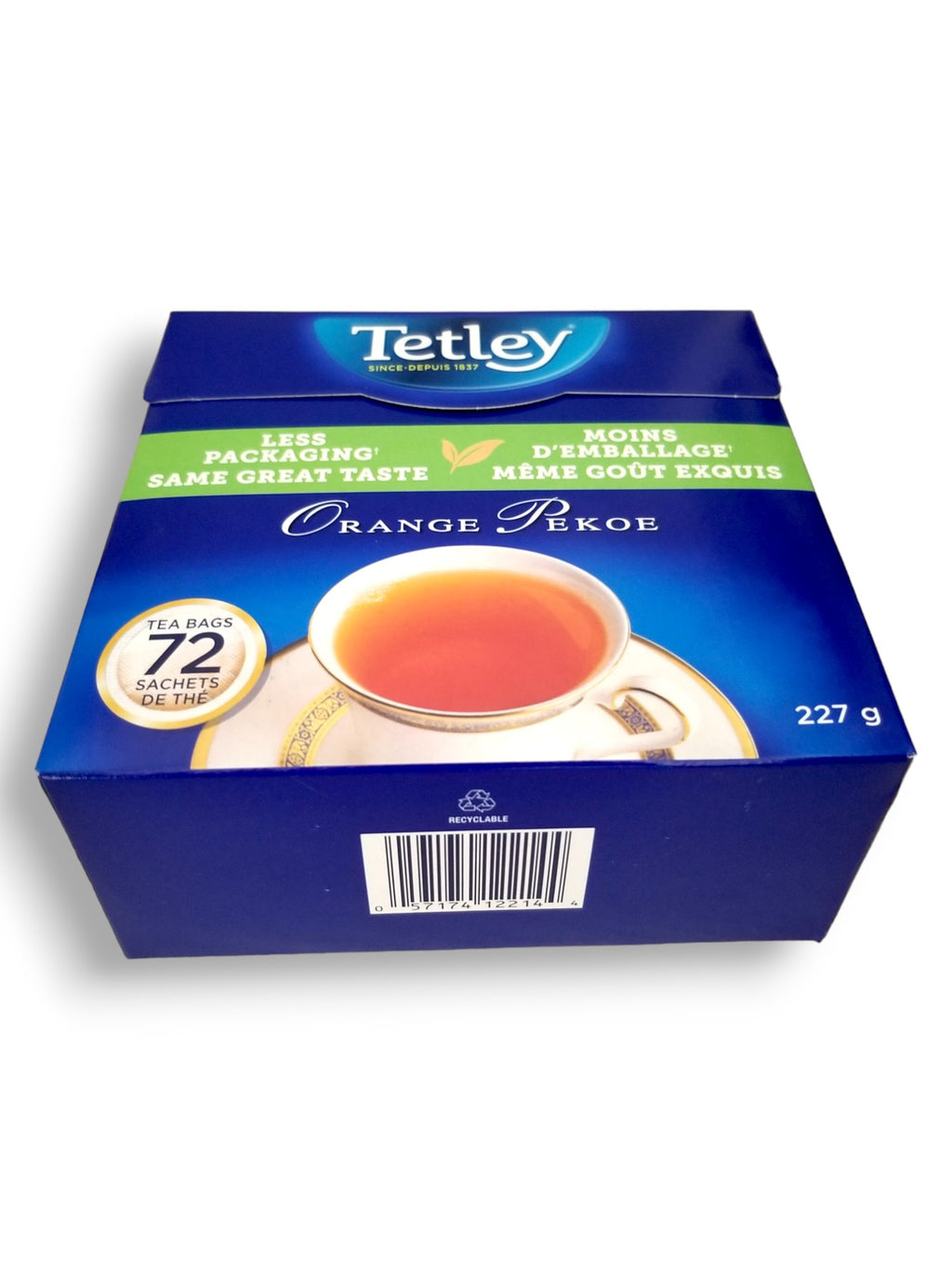 Tetley Orange Pekoe Black Tea - 72 Count, 227g, bottom of package with upc.