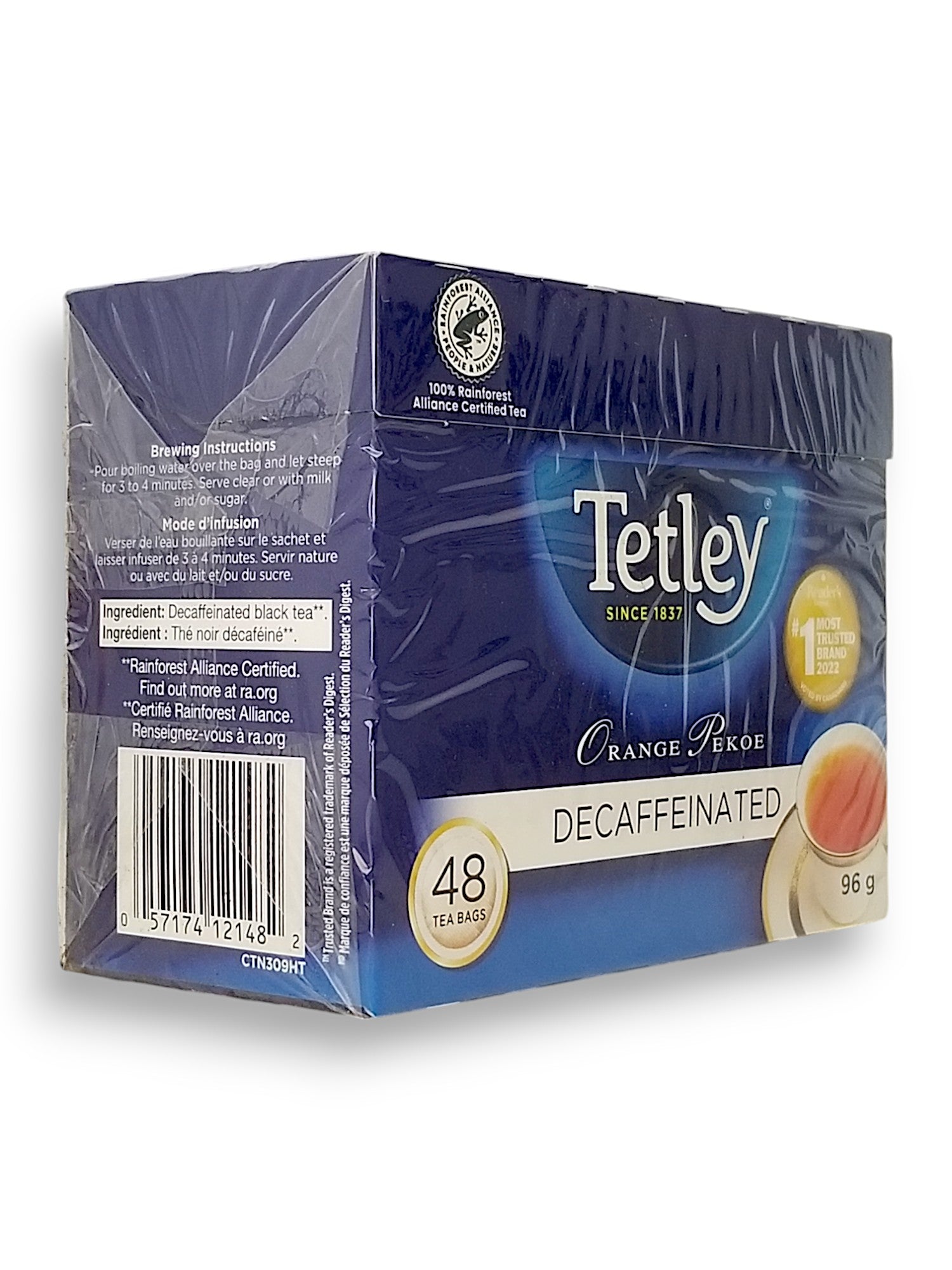 Tetley Orange Pekoe Decaffeinated Black Tea - 48 Count, 96g/3.4 oz., Package, side of box.