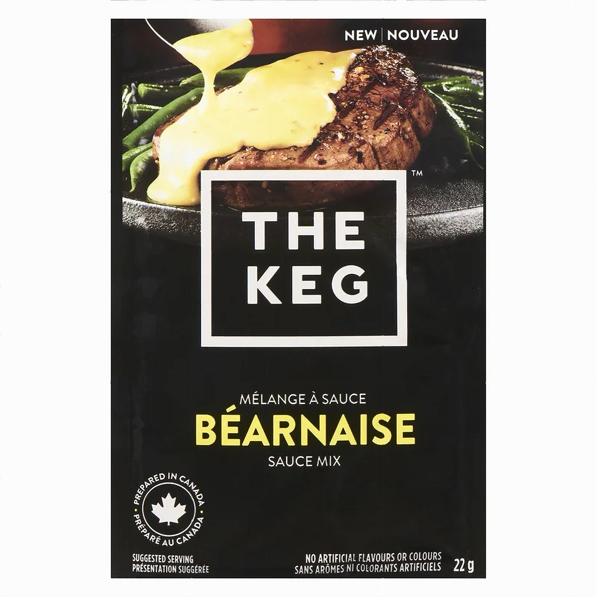 The Keg Bearnaise Sauce Mix 22g packaging with a steak and green beans on a white background