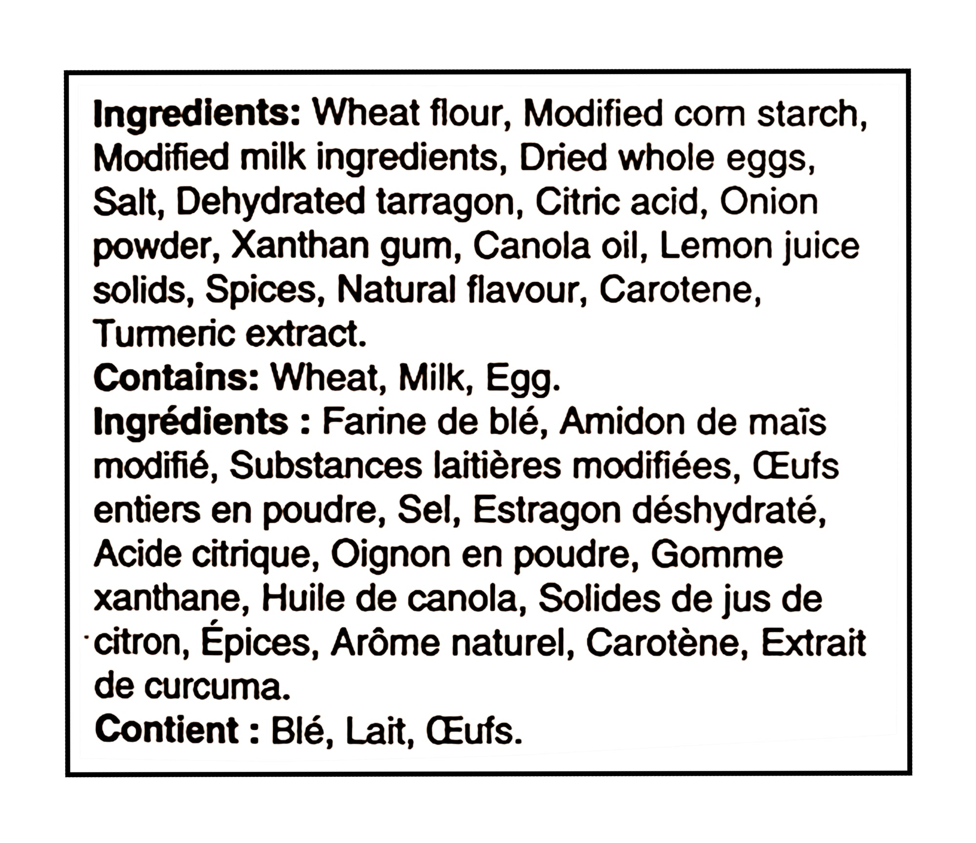 List of ingredients for The Keg Bearnaise Sauce Mix 22g with translations on a black background