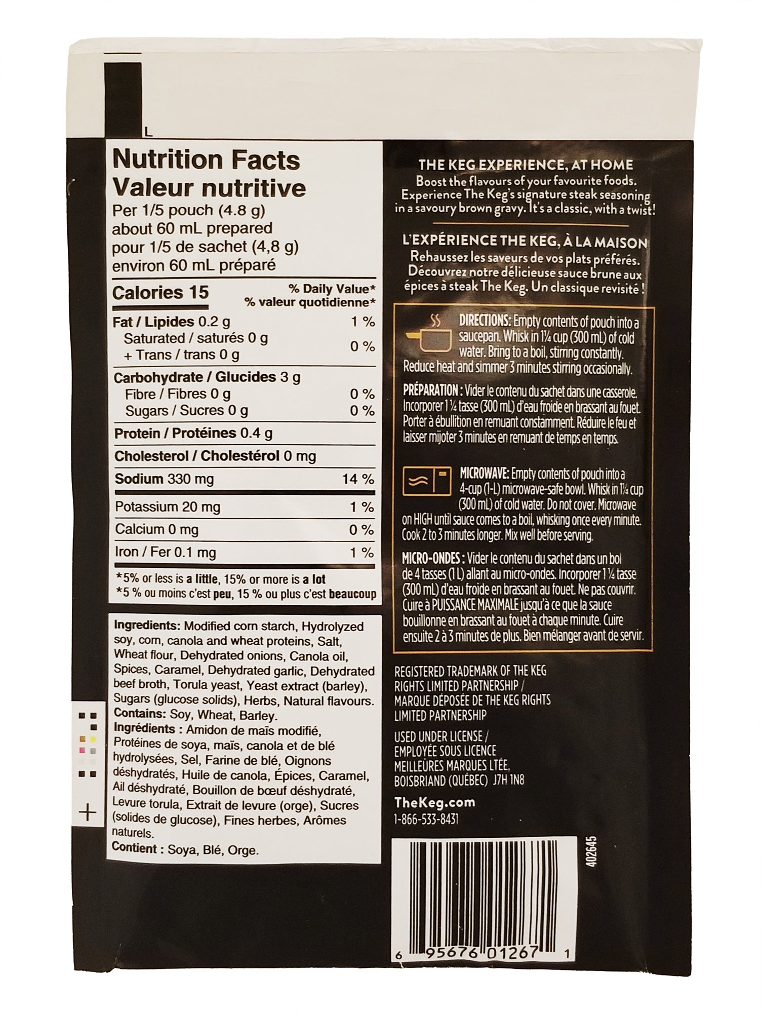 Back of a The Keg Brown Gravy Mix With Steak Spice 24g package with nutrition facts label and ingredients list