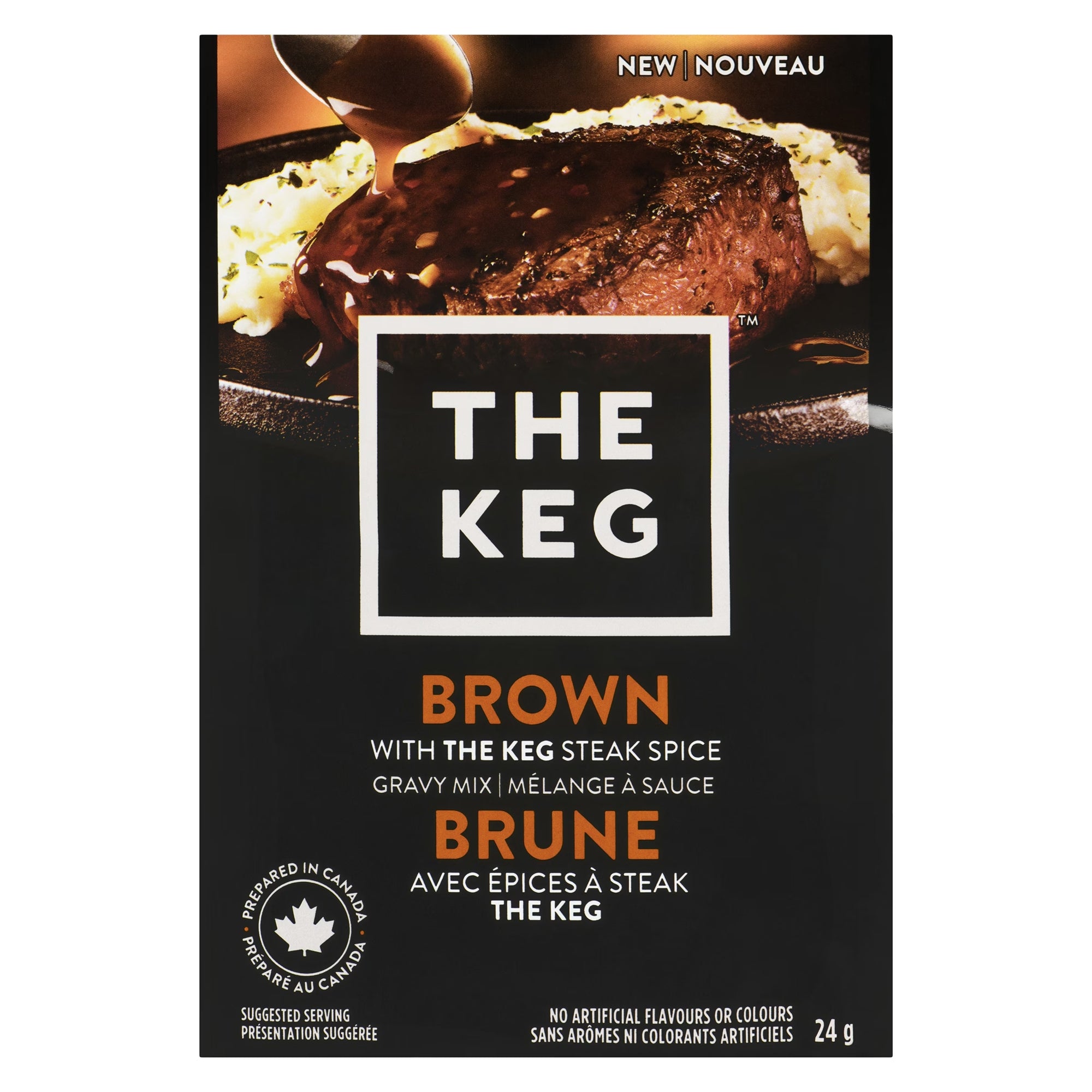 The Keg Brown Gravy Mix With Steak Spice 24g packaging with steak and mashed potatoes on a white background