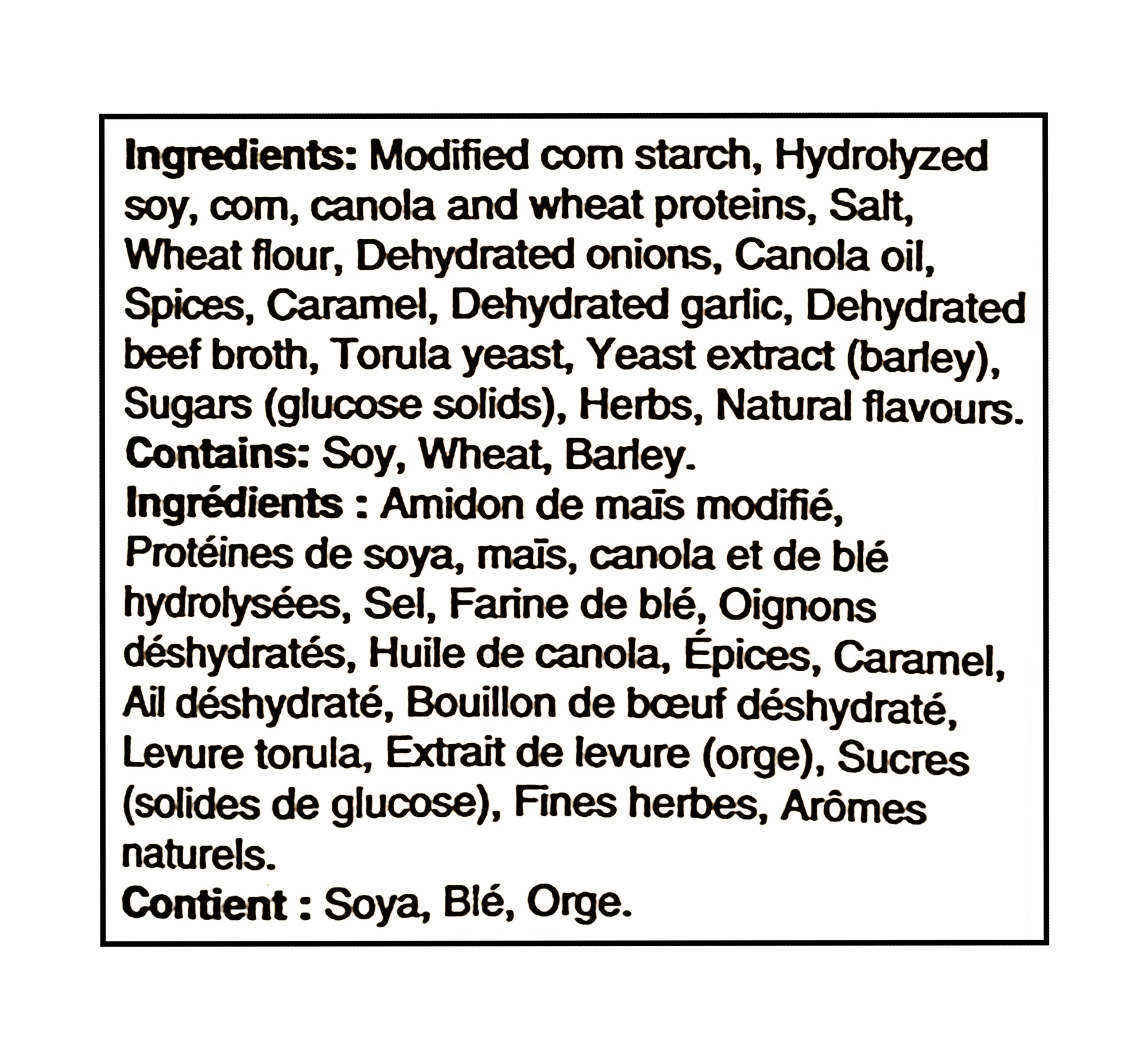 Ingredients list of The Keg Brown Gravy Mix With Steak Spice 24g with a black border on a white background