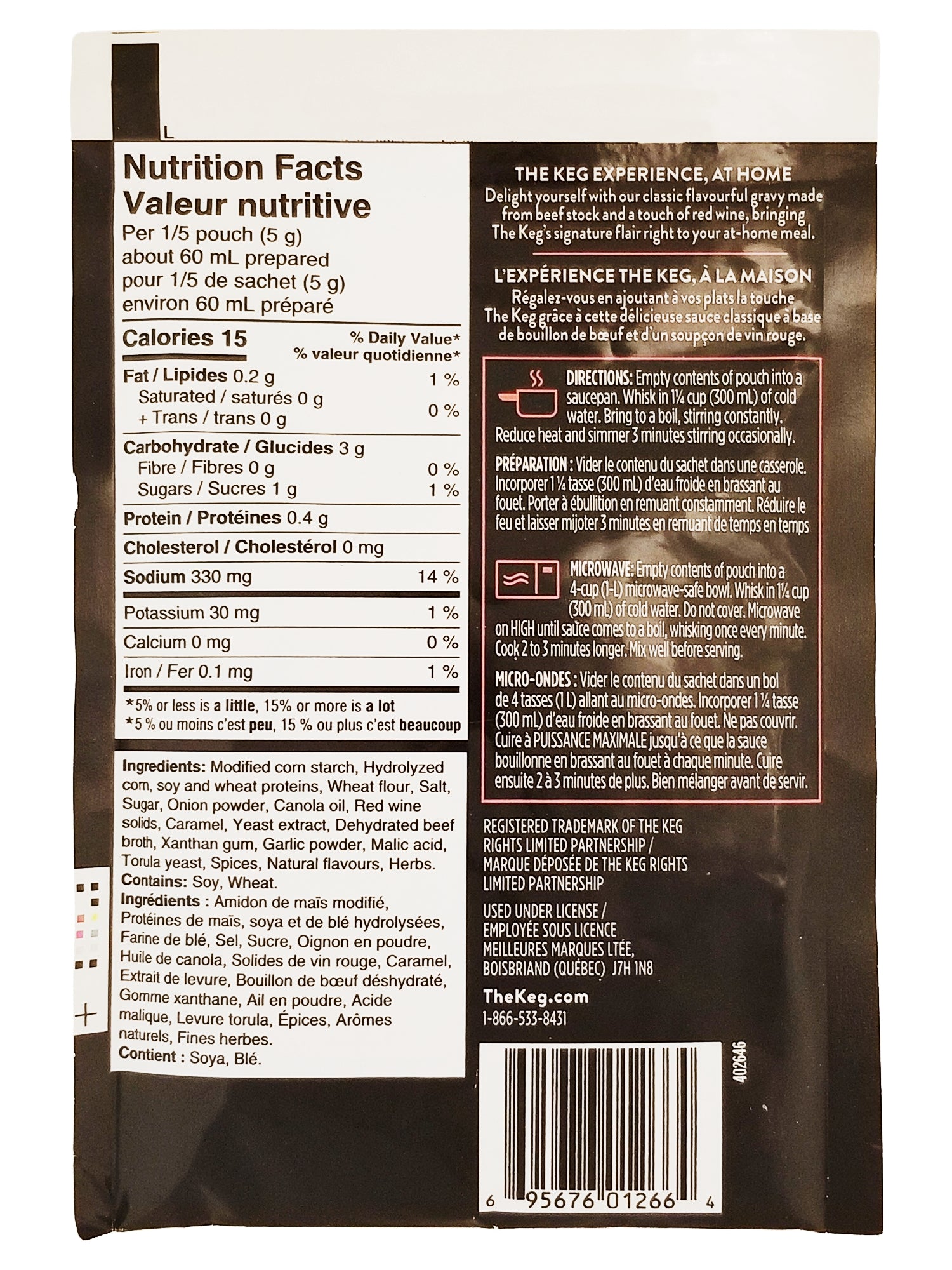 Back of a The Keg Demi Glace Gravy Mix 25g package with nutrition facts label and product information on a package back