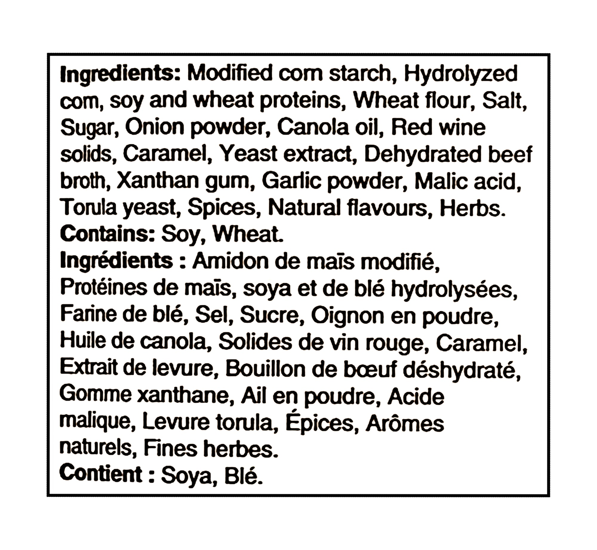 List of ingredients for The Keg Demi Glace Gravy Mix 25g with a black border on a white background