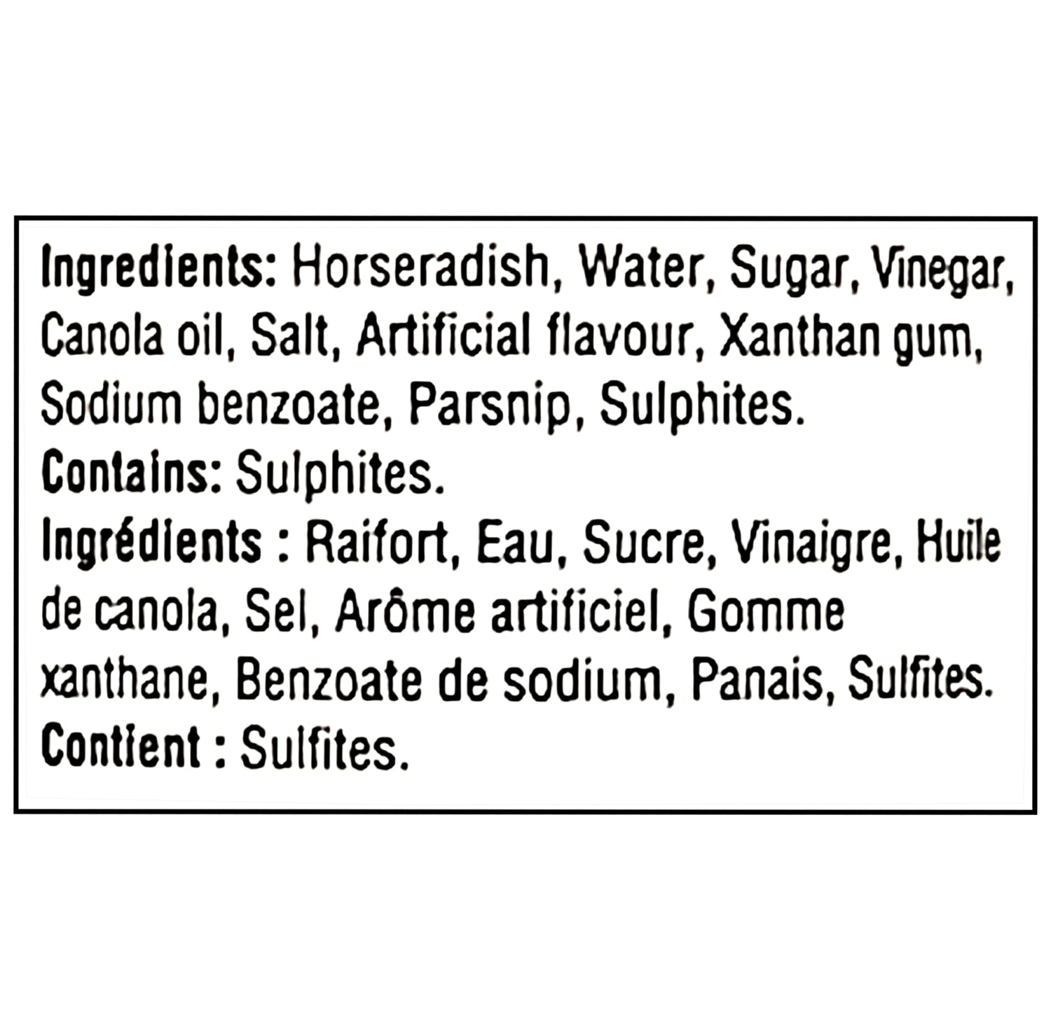 The Keg Prepared Horseradish 250ml – ingredients label