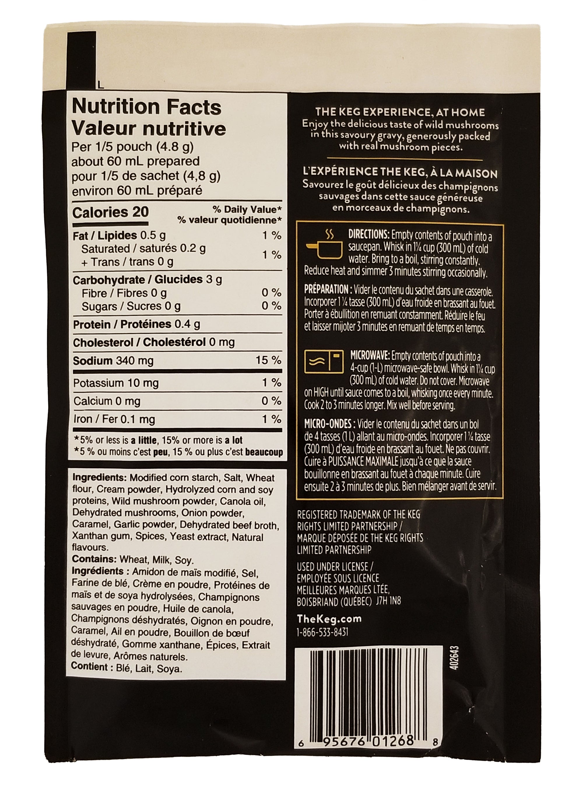 Back of a The Keg Wild Mushroom Gravy Mix 24g package with nutrition facts label and ingredients list on a black background