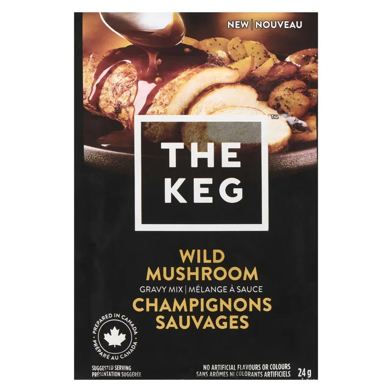 Packaging of The Keg Wild Mushroom Gravy Mix 24g with food image on a white background