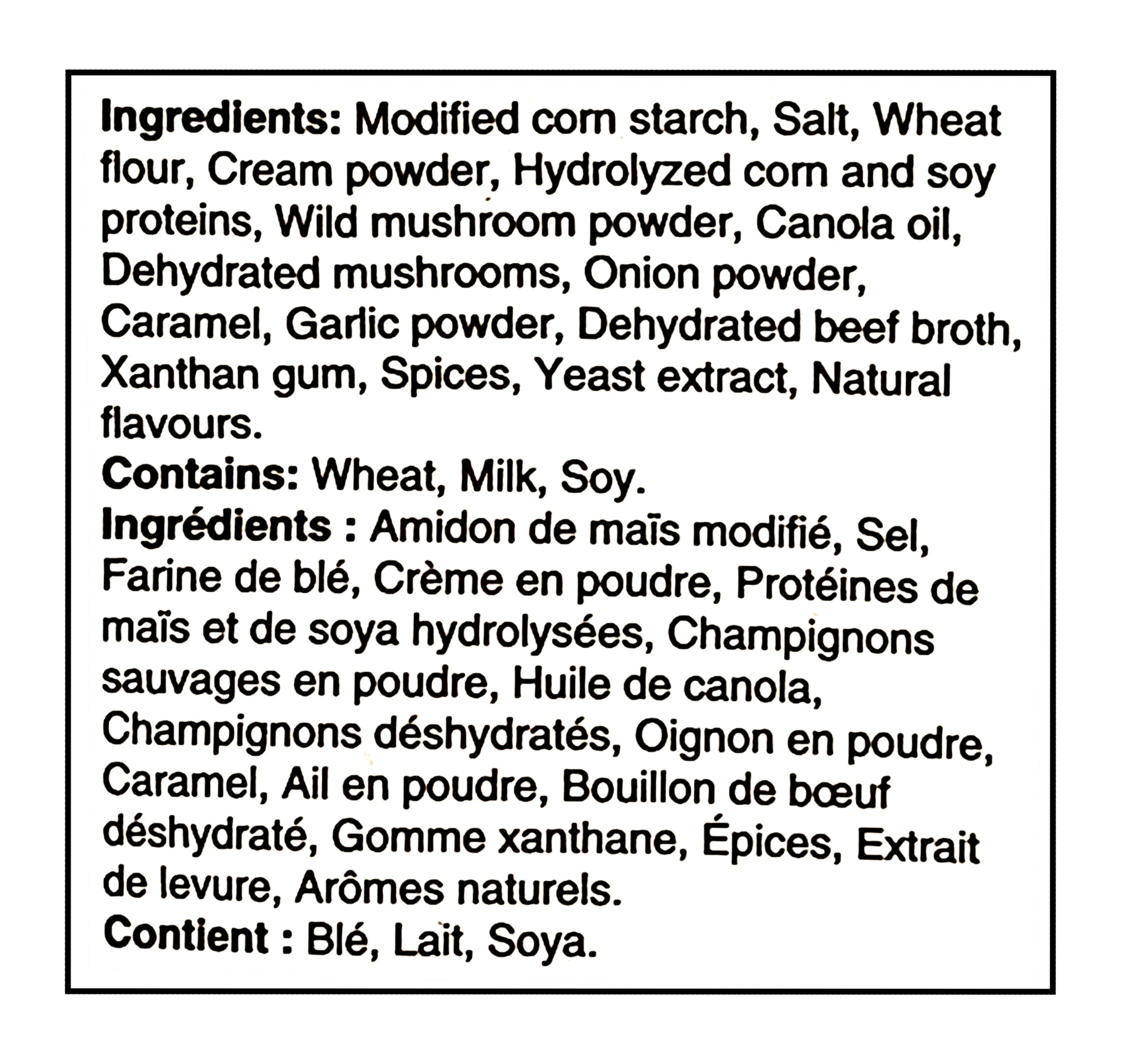 List of ingredients for The Keg Wild Mushroom Gravy Mix 24g with a black border on a white background