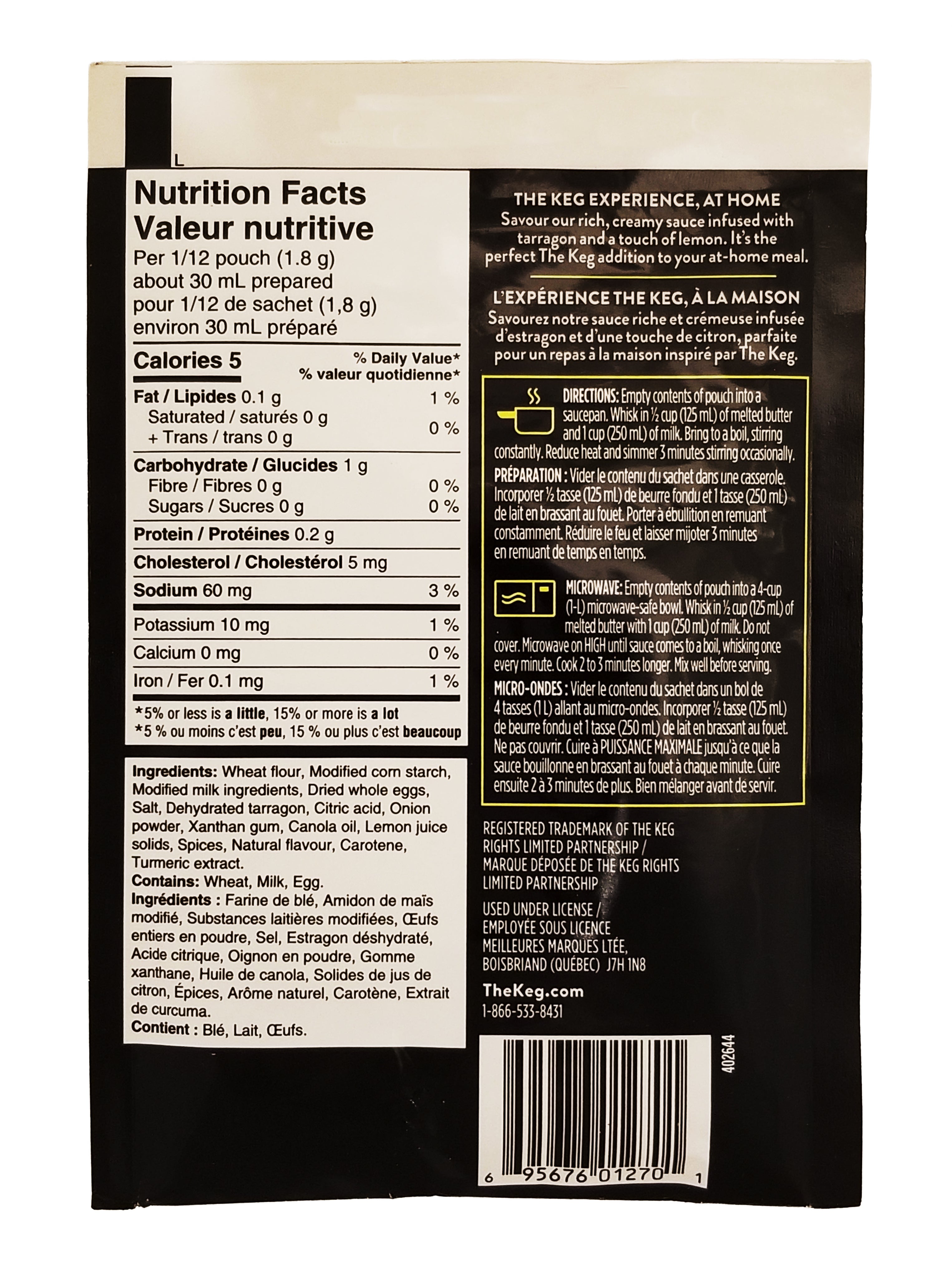 Back side of a The Keg Bearnaise Sauce Mix 22g package showing Nutrition facts label and ingredients list