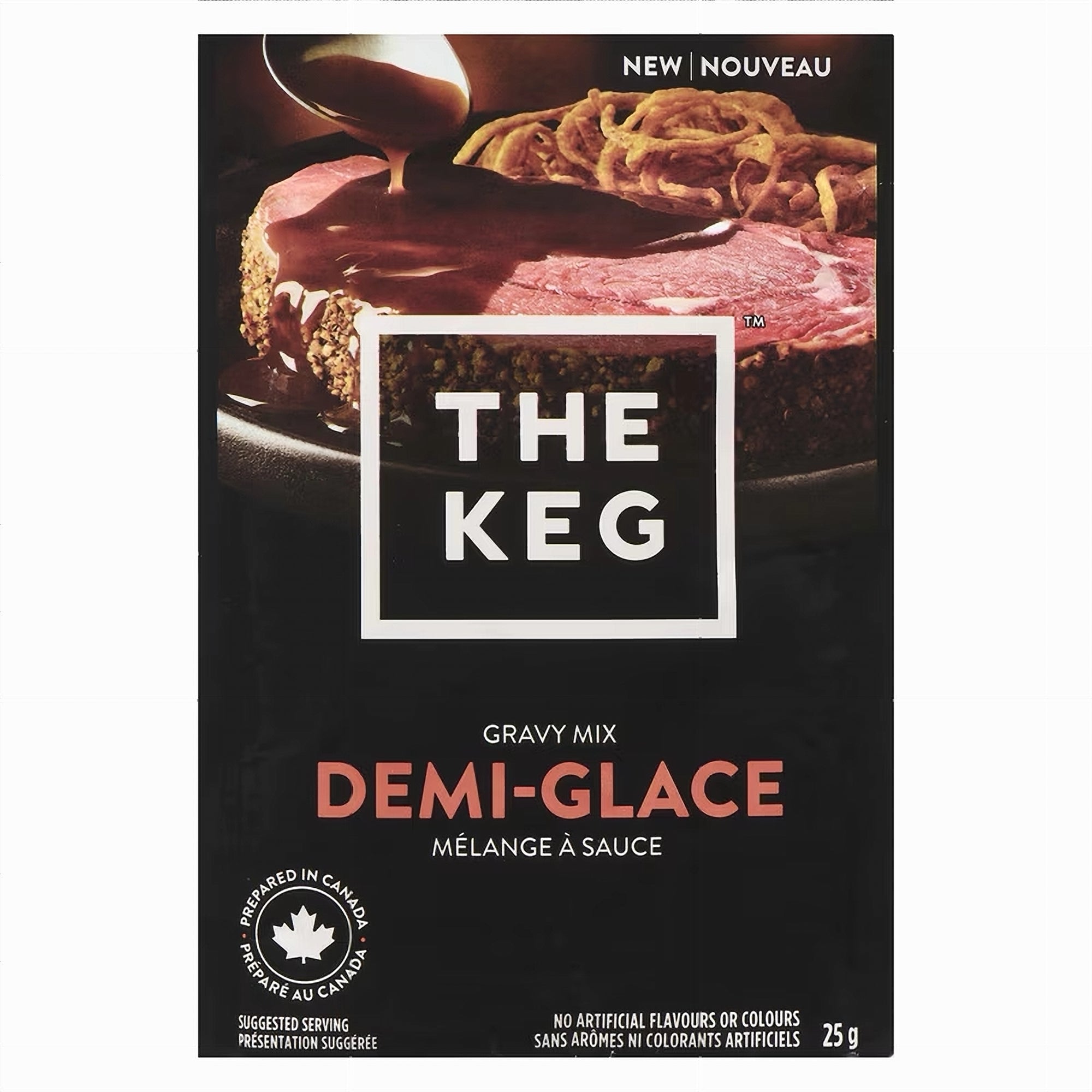 The Keg Demi Glace Gravy Mix 25g package with a beef dish on a dark background