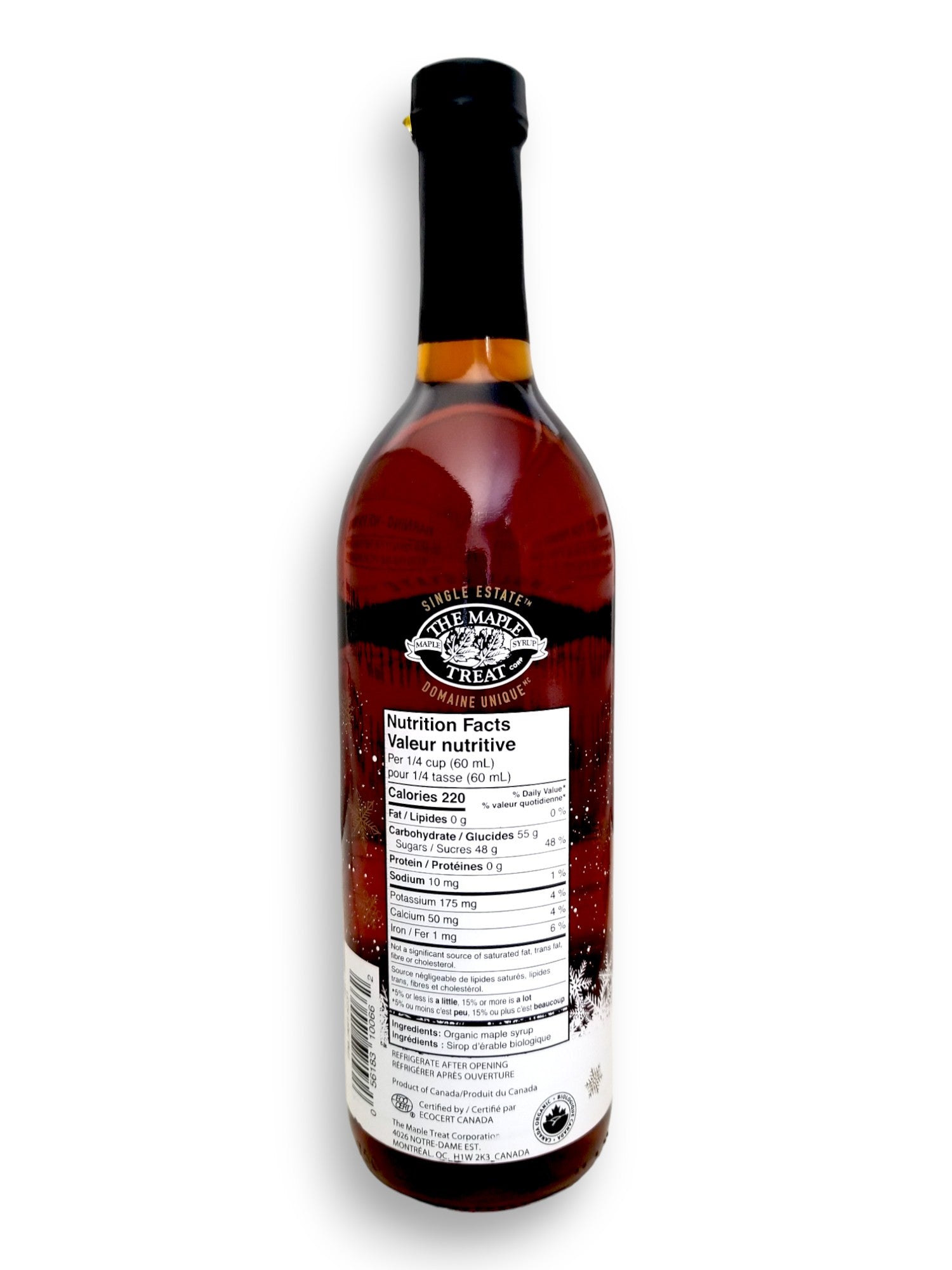 The Maple Treat Organic Maple Syrup 750mL/25.4 oz., Bottle, back of bottle.