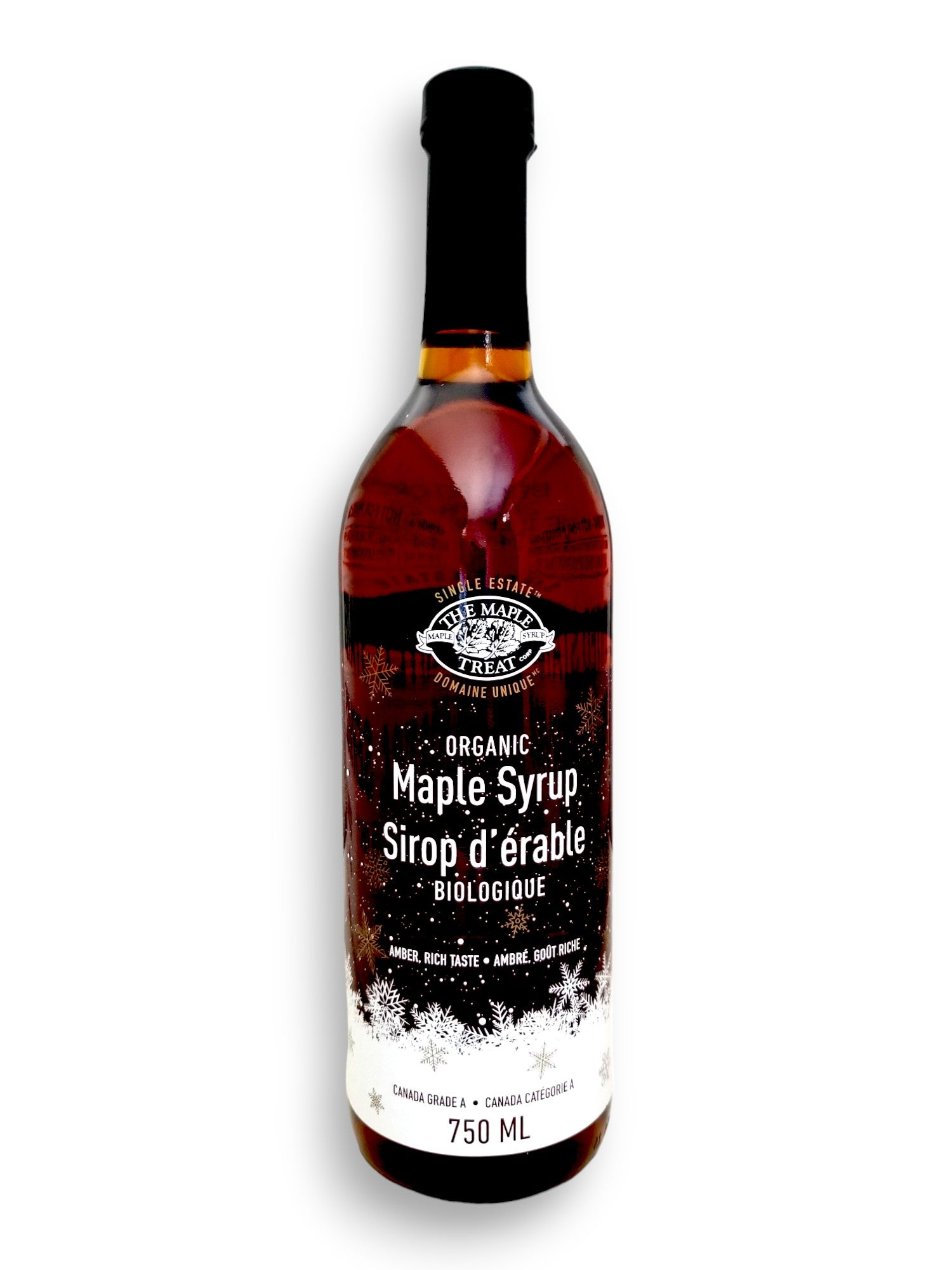 The Maple Treat Organic Maple Syrup 750mL/25.4 oz., Bottle, front of bottle.