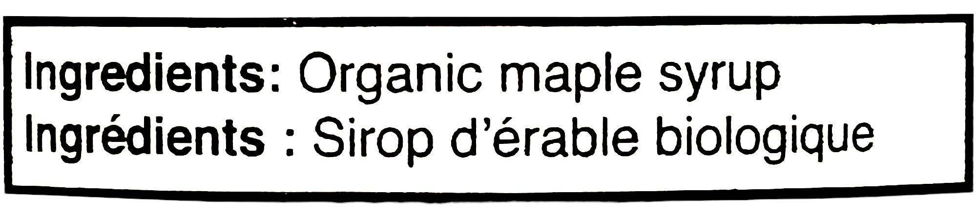 The Maple Treat Organic Maple Syrup 750mL/25.4 oz., Bottle, ingredients label.