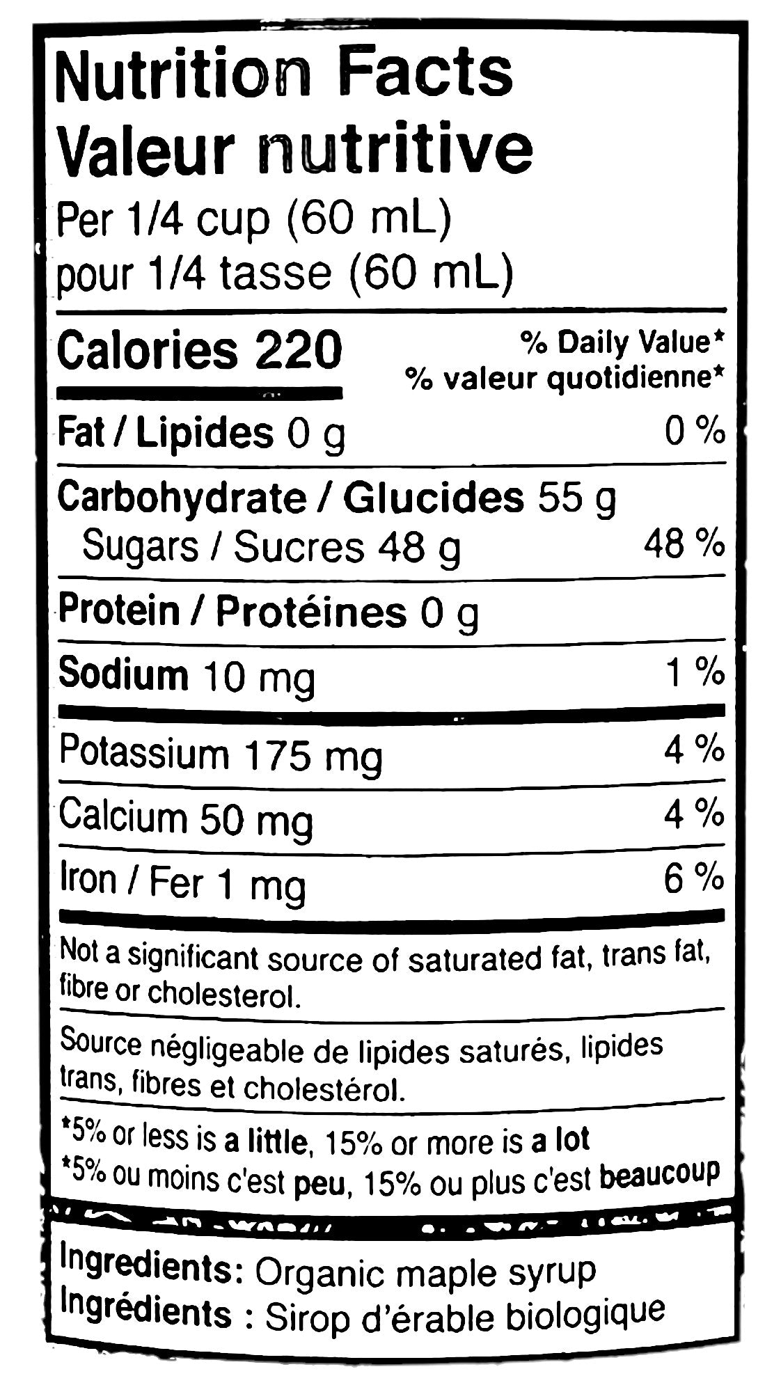 The Maple Treat Organic Maple Syrup 750mL/25.4 oz., Bottle, nutrition facts label.