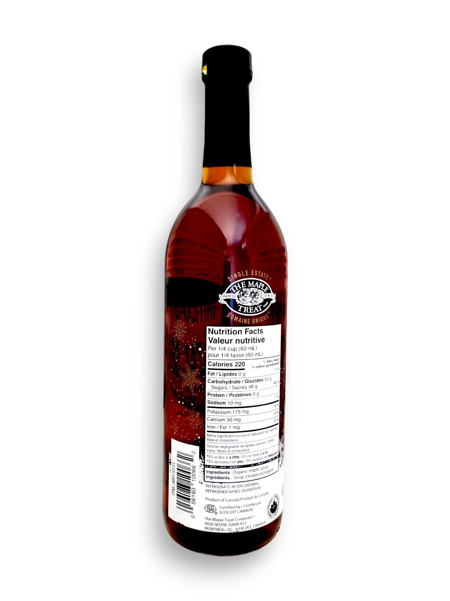 The Maple Treat Organic Maple Syrup 750mL/25.4 oz., Bottle, back of bottle with upc.