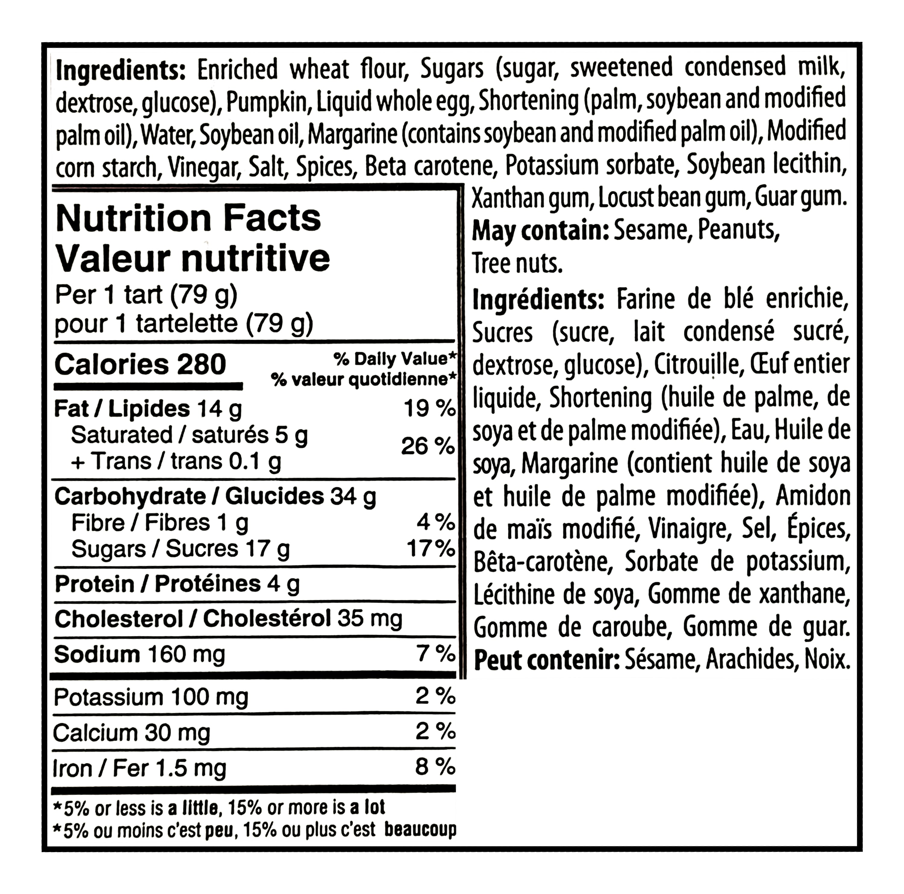 Nutrition facts label for The Worthy Crumb Spiced Pumpkin Tarts - 475g/16.7 oz with detailed ingredient list.