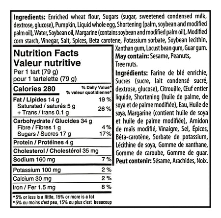 Nutrition facts label for The Worthy Crumb Spiced Pumpkin Tarts - 475g/16.7 oz with detailed ingredient list.
