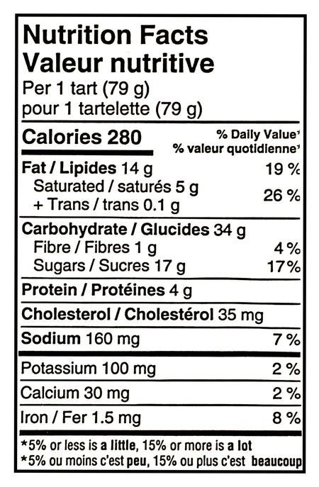 Nutrition facts label for The Worthy Crumb Spiced Pumpkin Tarts - 475g/16.7 oz, showing calories and nutritional content per serving.