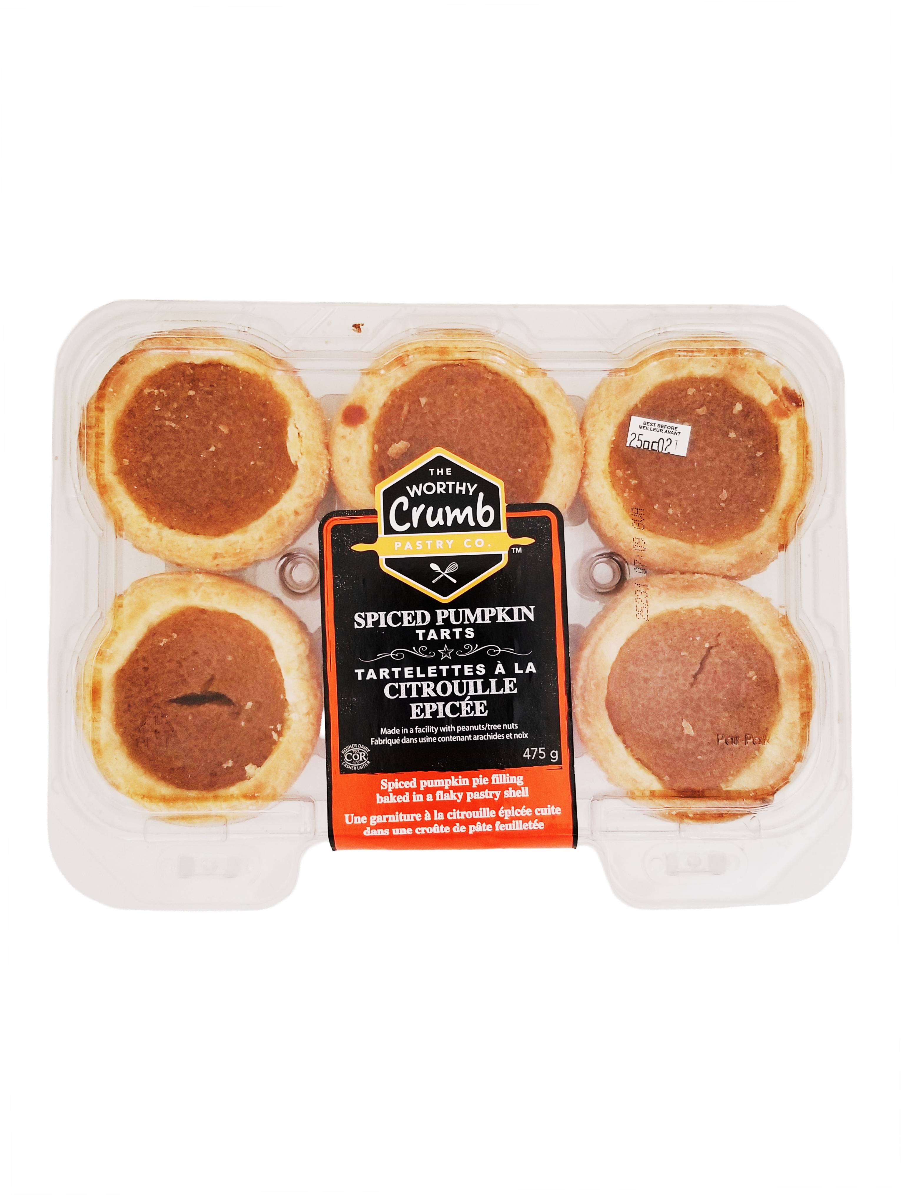 Pack of spiced pumpkin tarts with 'The Worthy Crumb' label on a white background