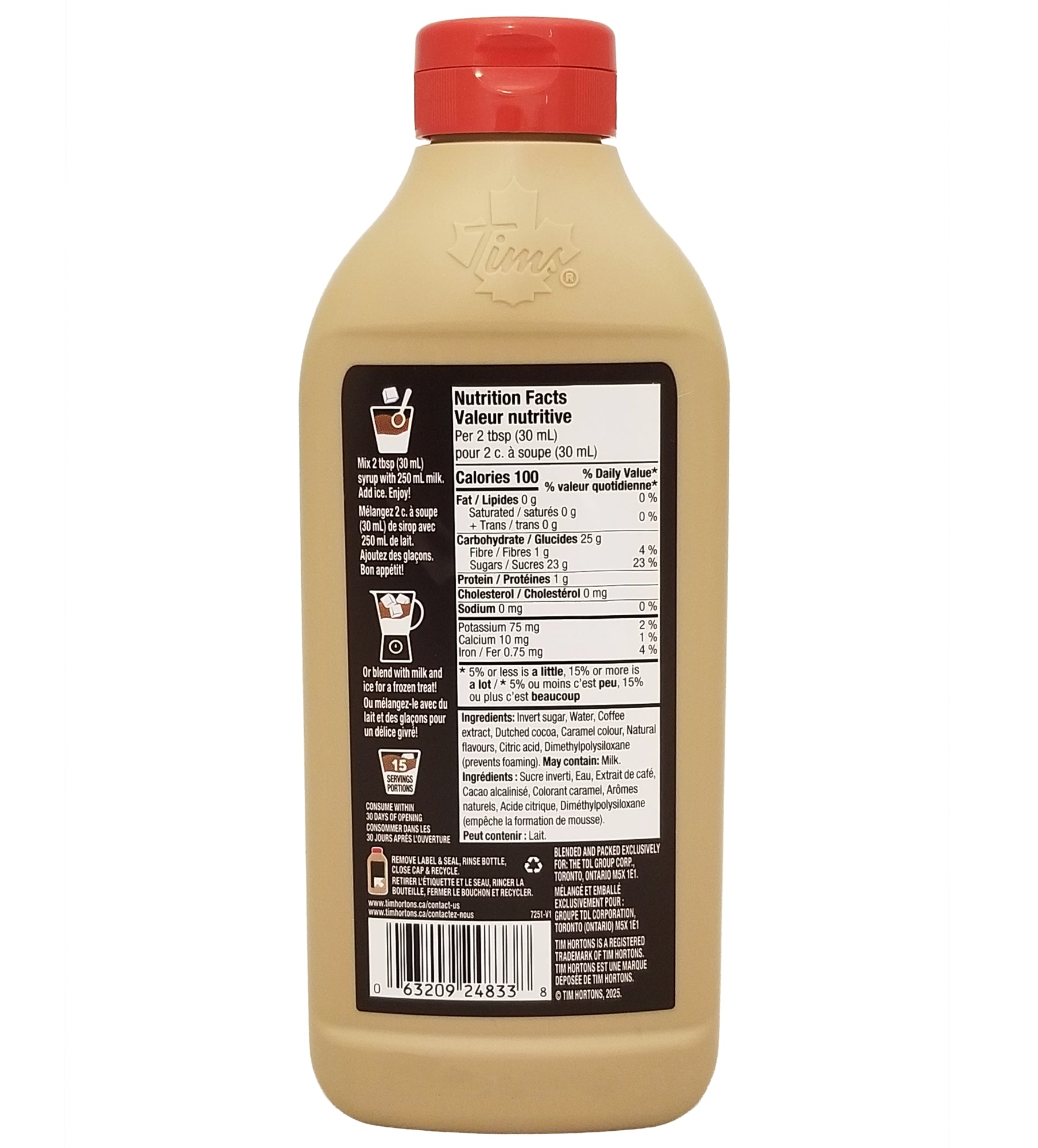 Tim Hortons Iced Coffee Syrup Mocha 470ml back label Canadian coffee syrup