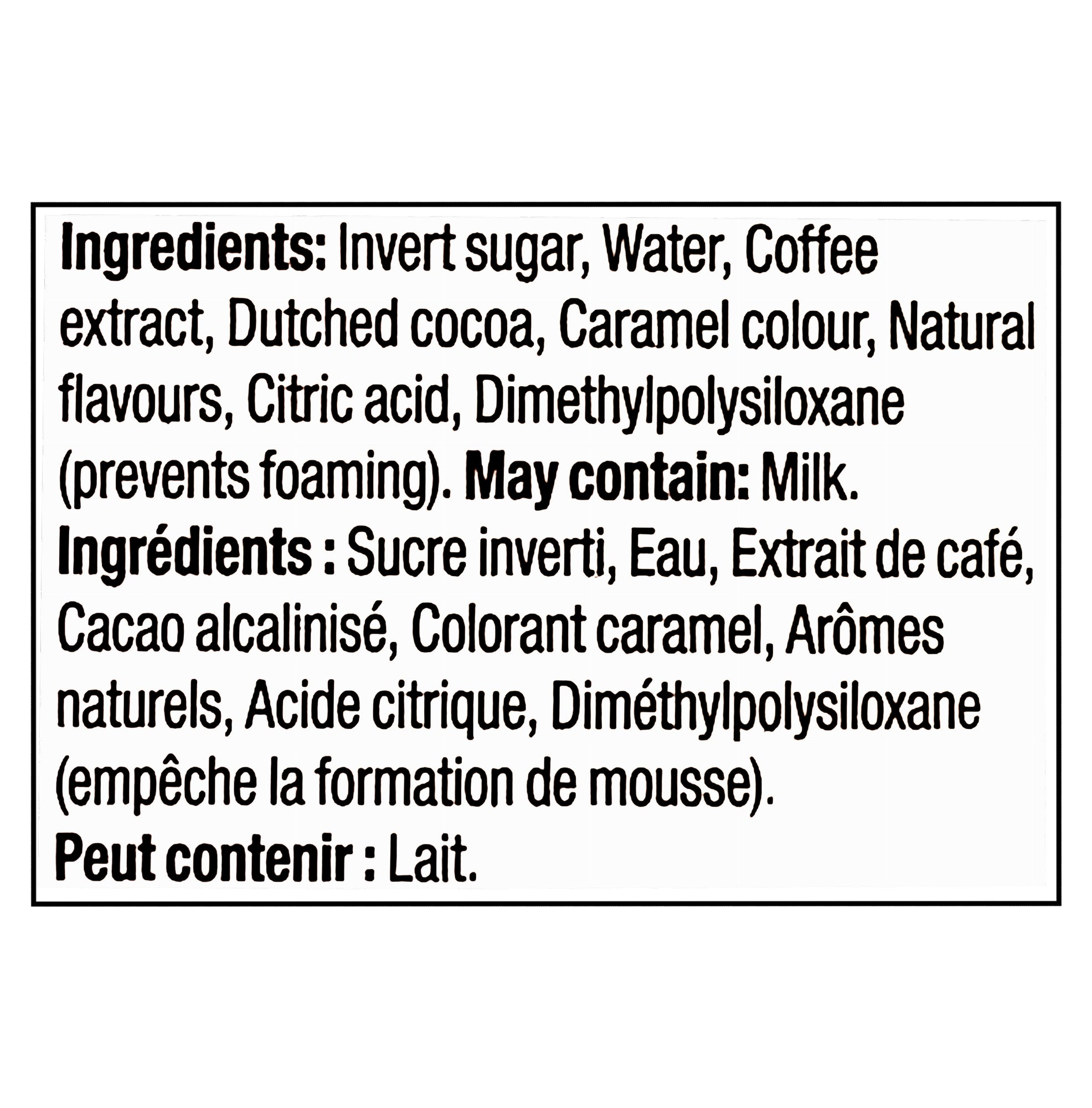 Tim Hortons Iced Coffee Syrup Mocha 470ml ingredients label Canadian coffee