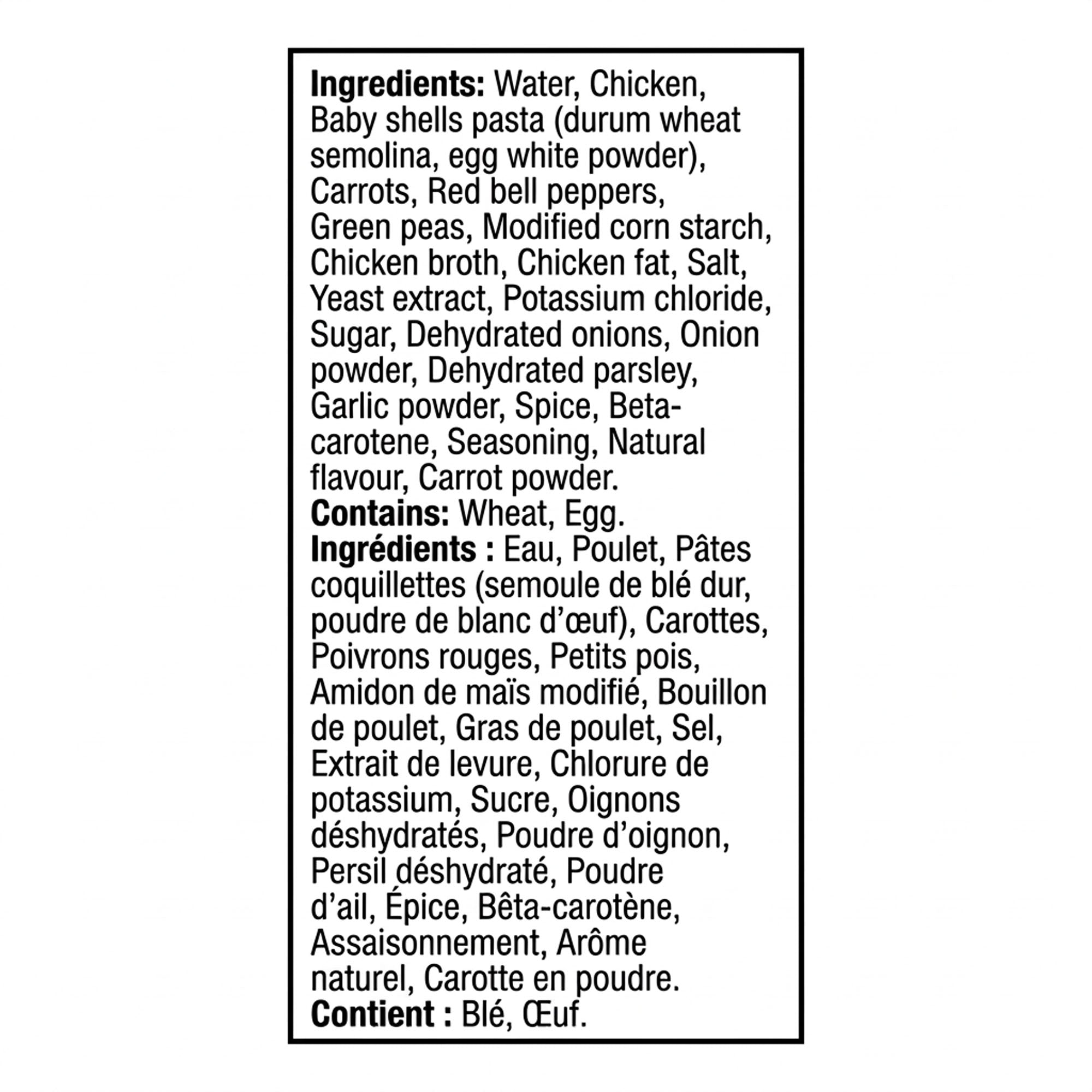 Bilingual ingredient label for Tim Hortons Loaded Chicken Noodle Soup, declaring wheat and egg.