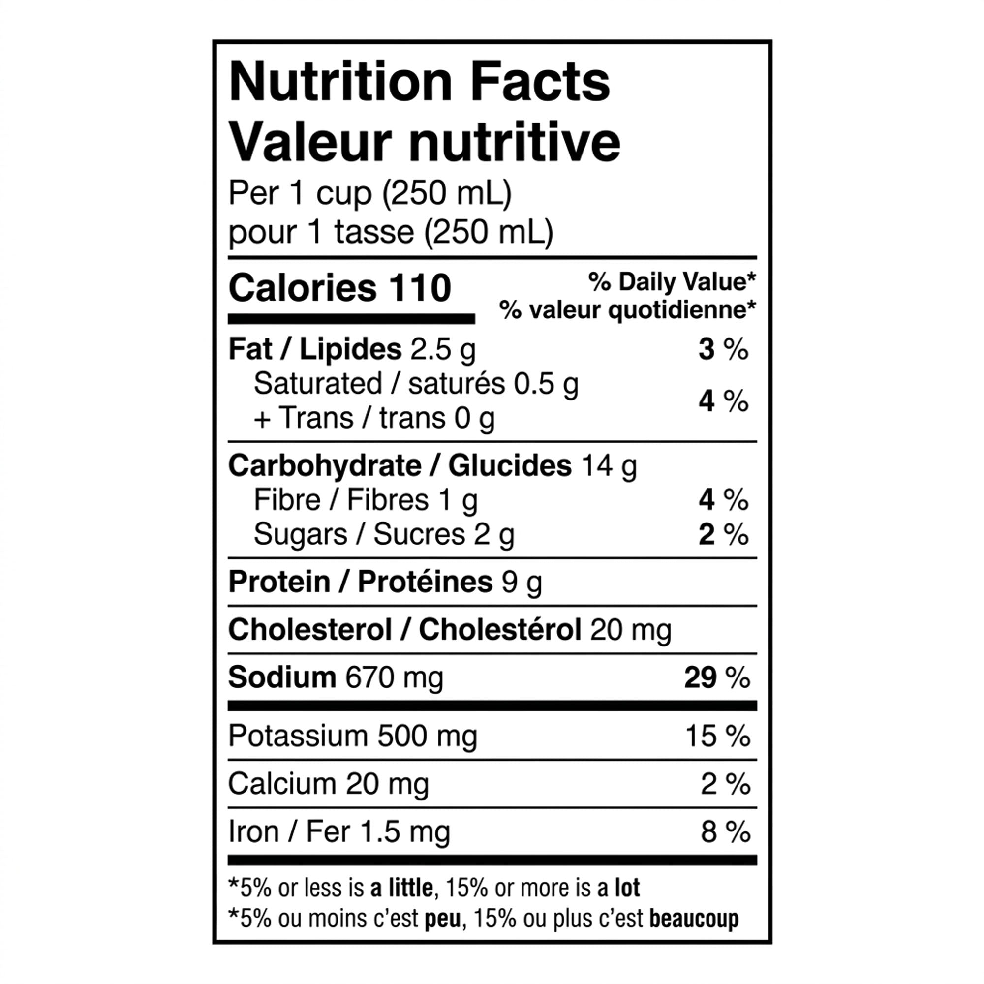 Bilingual nutrition facts for Tim Hortons Loaded Chicken Noodle Soup, showing 110 calories per 250 mL serving.