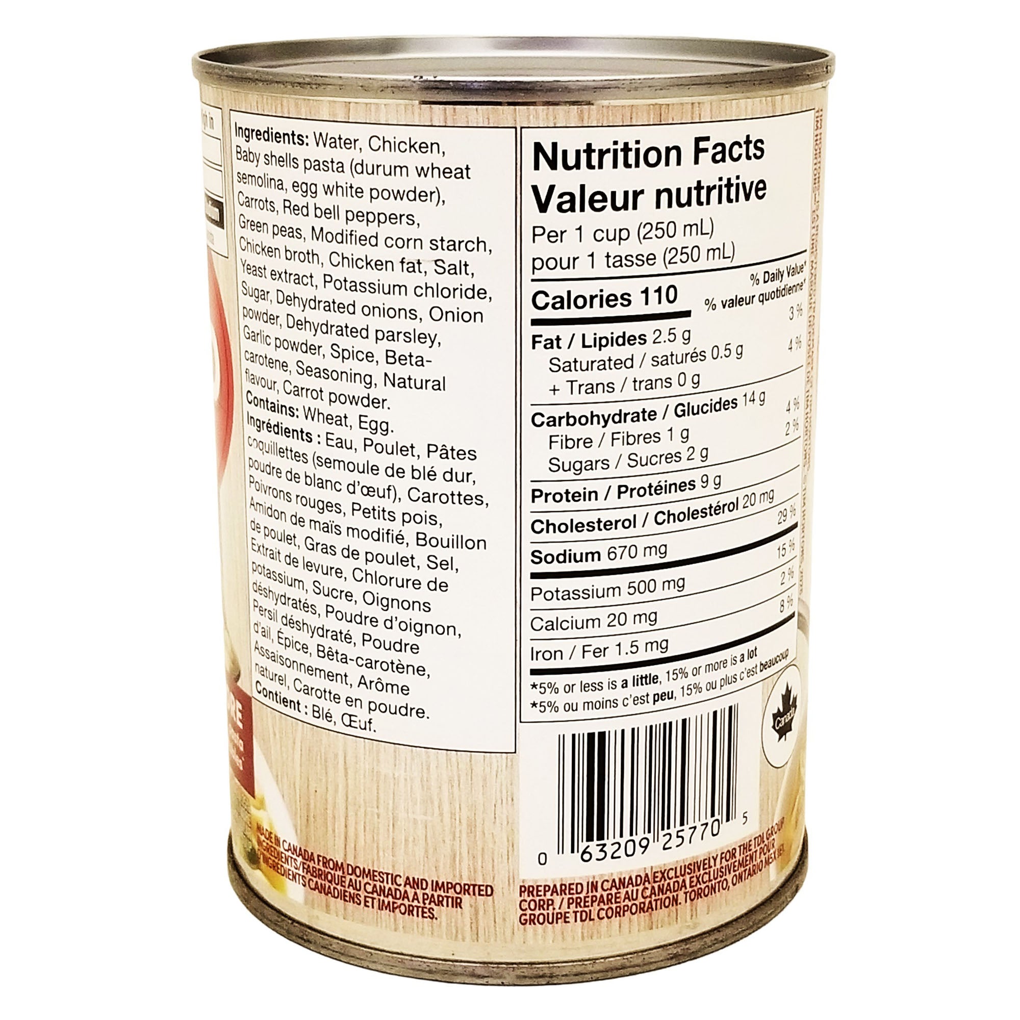 Tim Hortons Loaded Chicken Noodle Soup can showing ingredients, nutrition facts and UPC barcode.