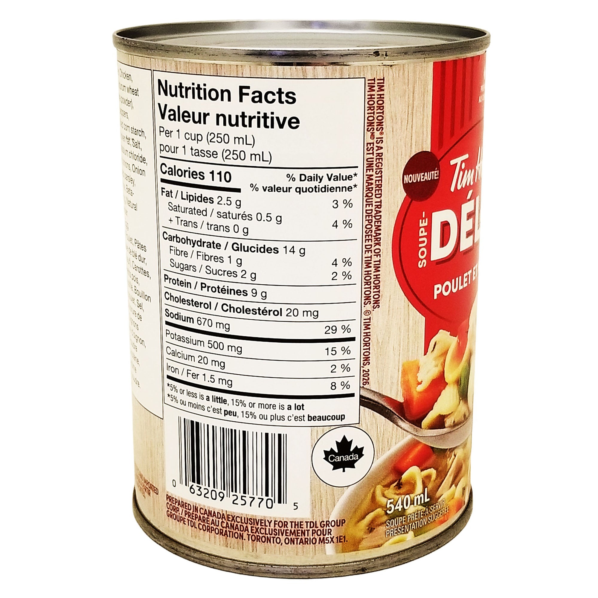Angled Tim Hortons Loaded Chicken Noodle Soup can showing nutrition facts and UPC 063209257705.