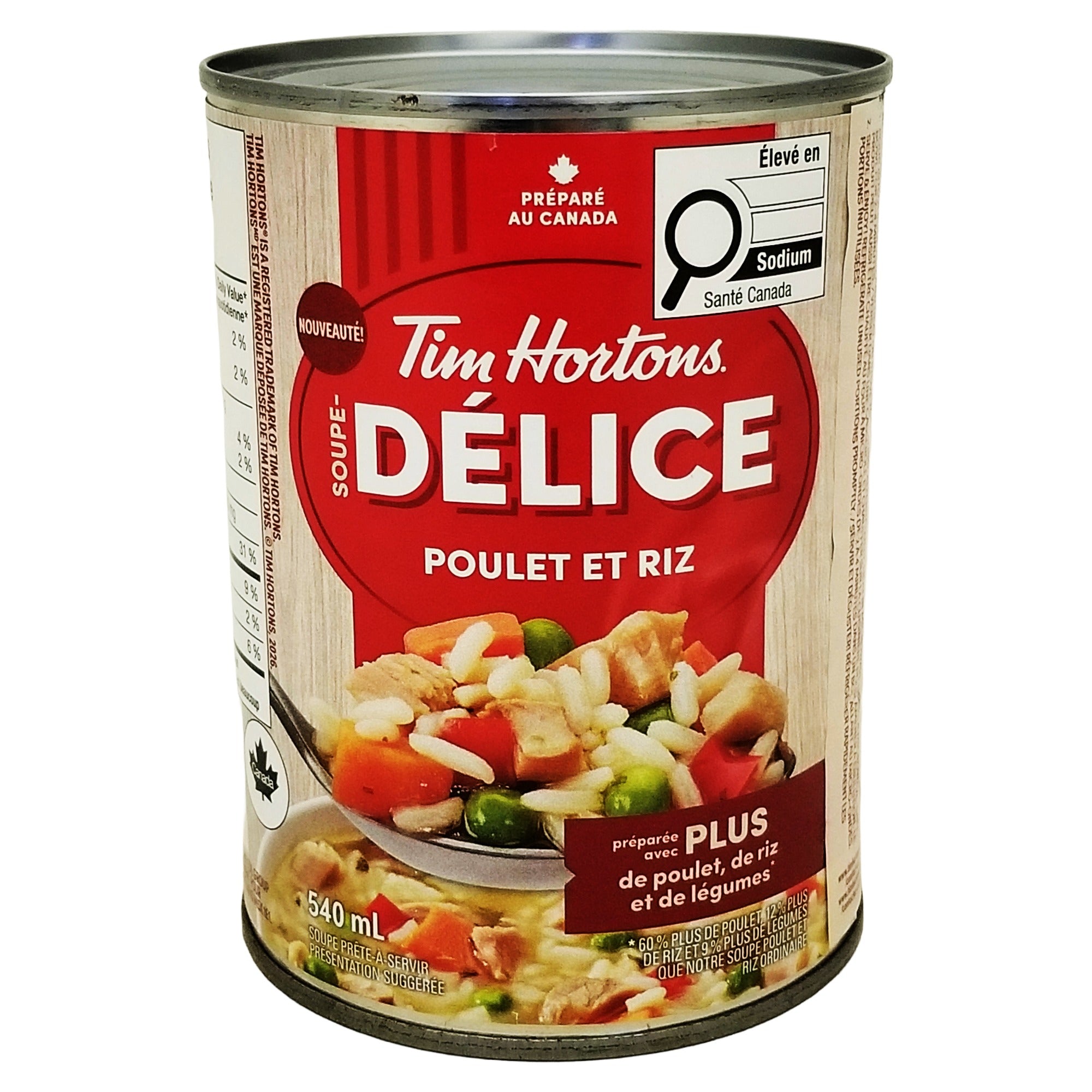 Tim Hortons Loaded Chicken & Rice Soup, 540 mL can with French front label.