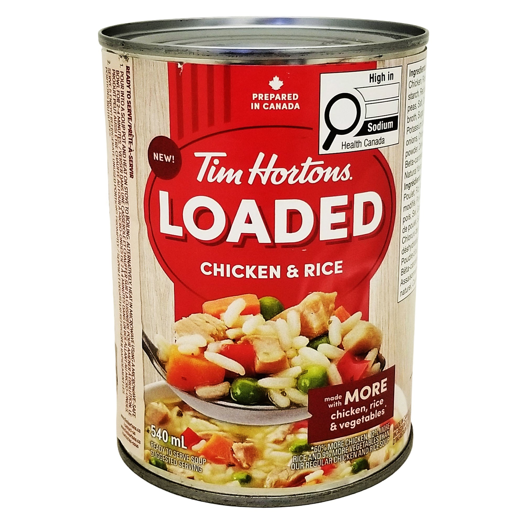 Tim Hortons Loaded Chicken & Rice Soup, 540 mL can with English front label.