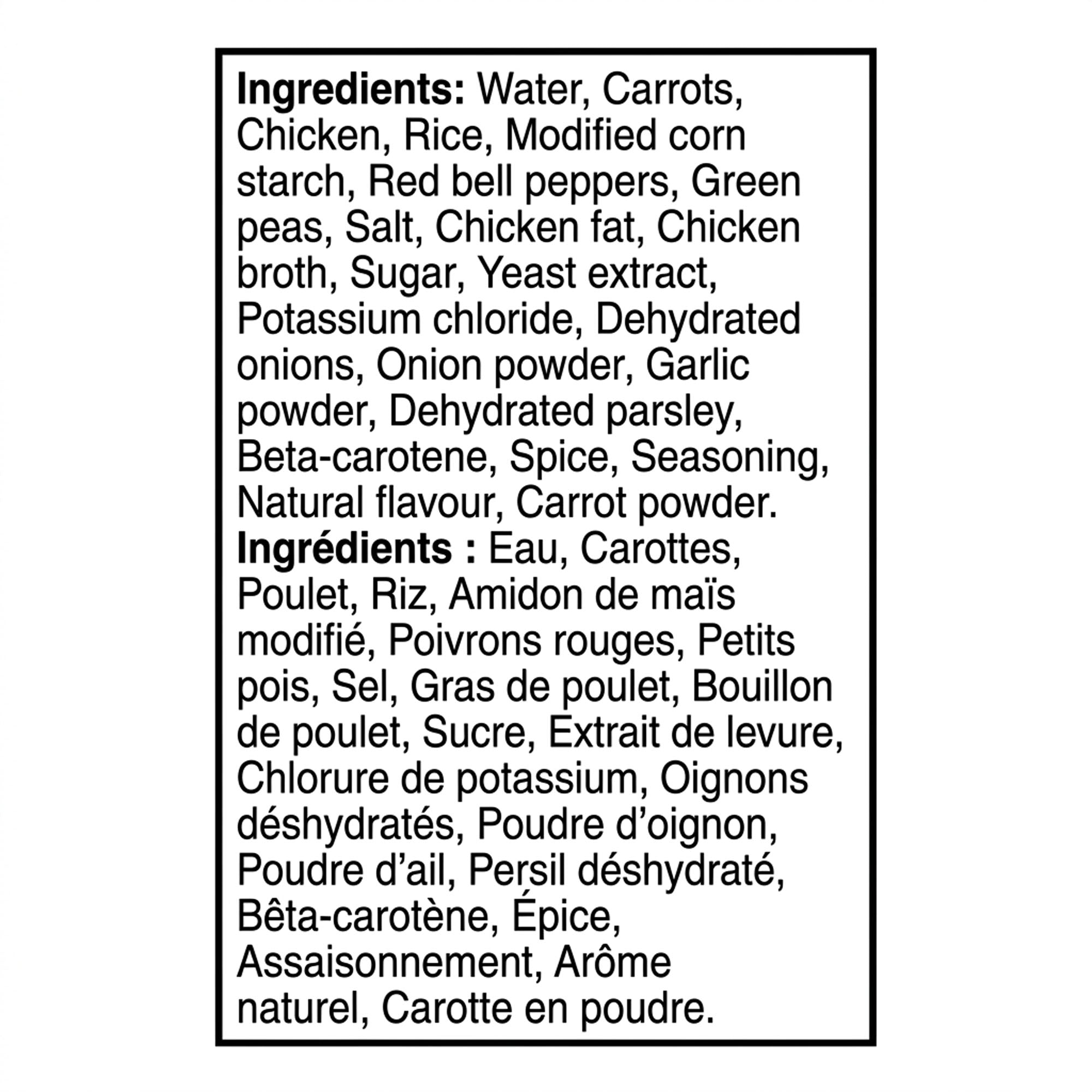 Bilingual ingredient label for Tim Hortons Loaded Chicken & Rice Soup, listing chicken, rice, carrots, red bell peppers and green peas.