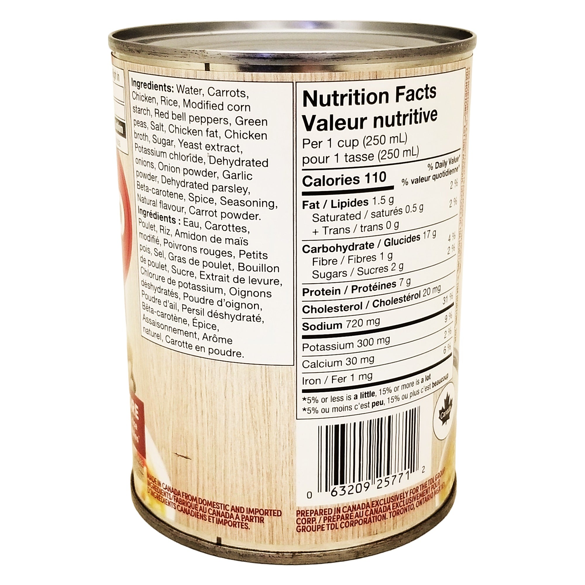 Tim Hortons Loaded Chicken & Rice Soup can showing ingredients, nutrition facts and UPC barcode.