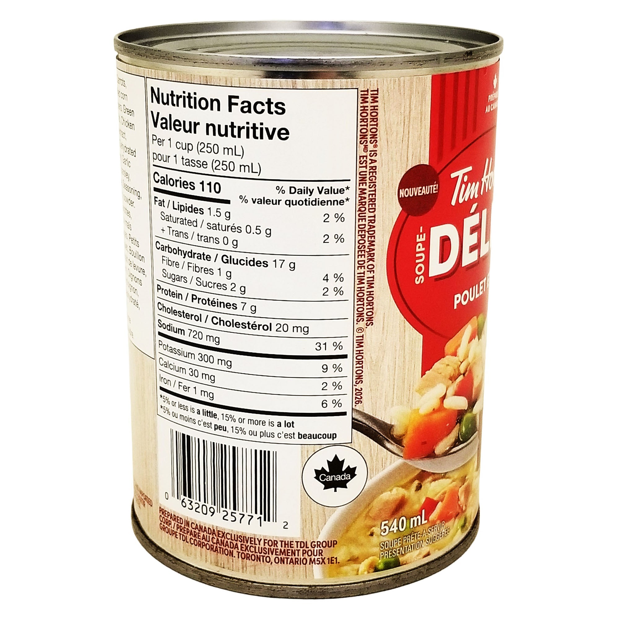 Angled Tim Hortons Loaded Chicken & Rice Soup can showing nutrition facts and UPC 063209257712.