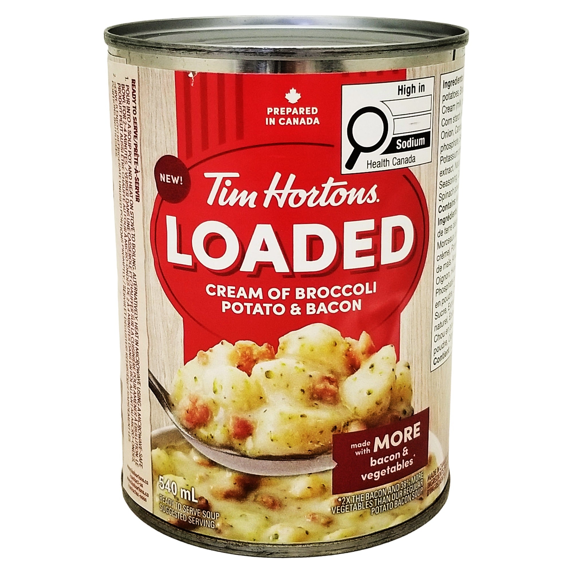 Tim Hortons Loaded Cream of Broccoli, Potato & Bacon Soup, 540 mL can with English front label.