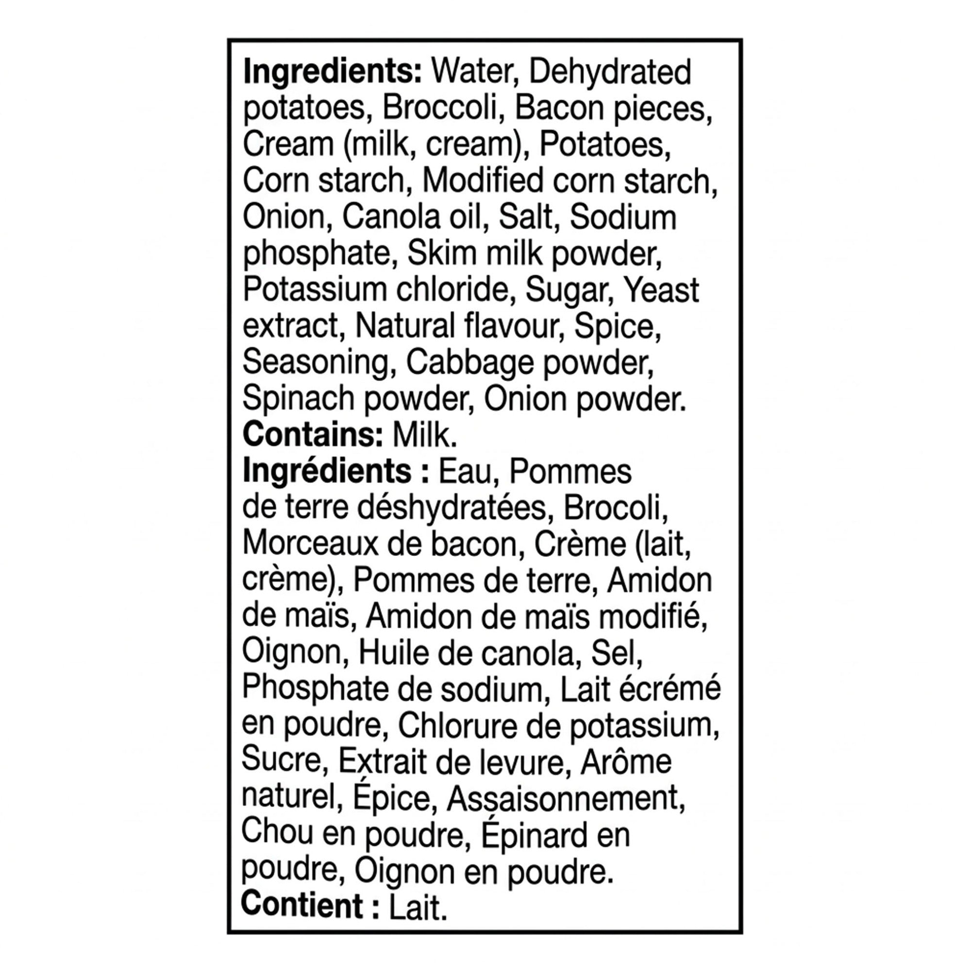 Bilingual ingredient label for Tim Hortons Loaded broccoli, potato and bacon soup, declaring milk.