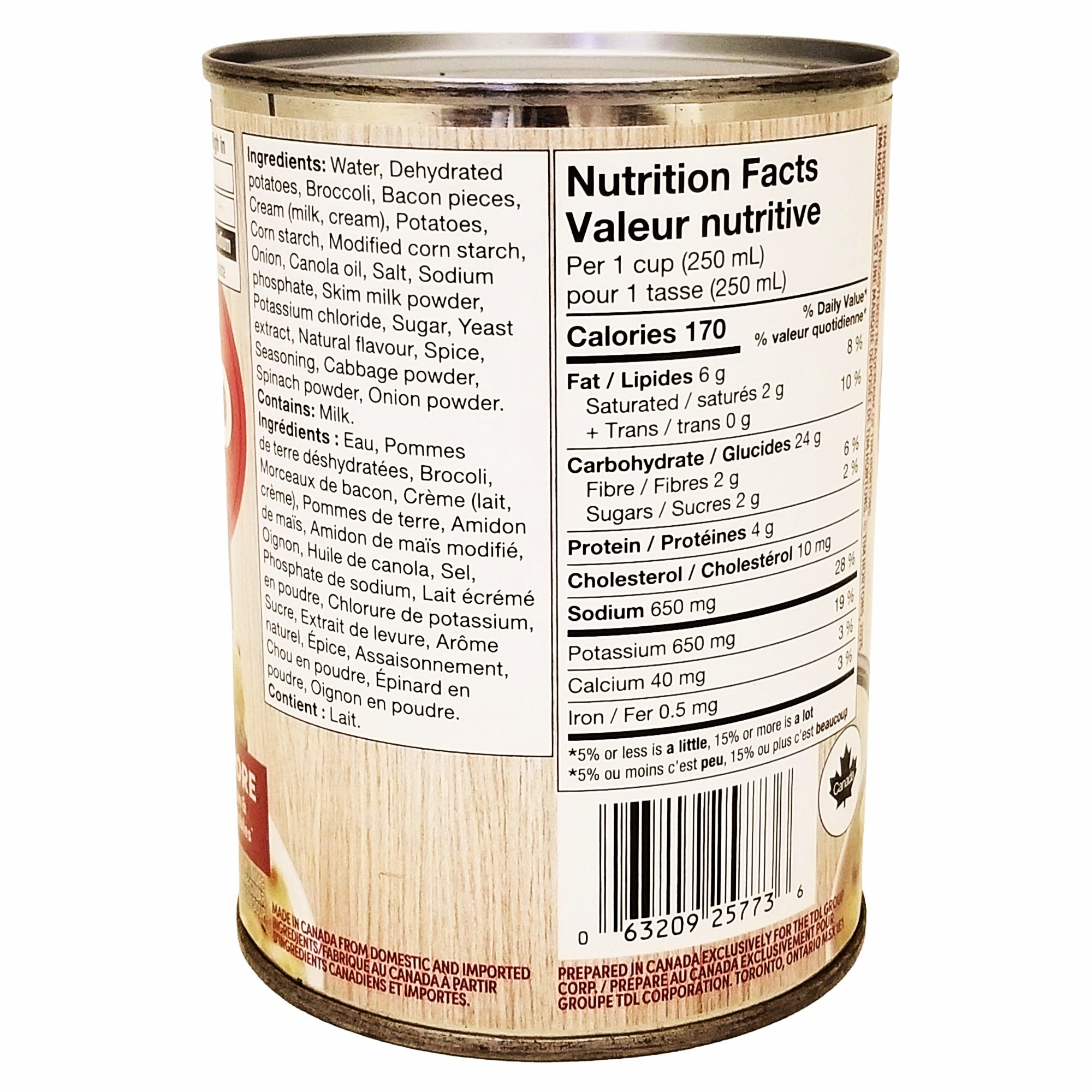 Tim Hortons Loaded broccoli soup can showing ingredients, nutrition facts and UPC barcode.