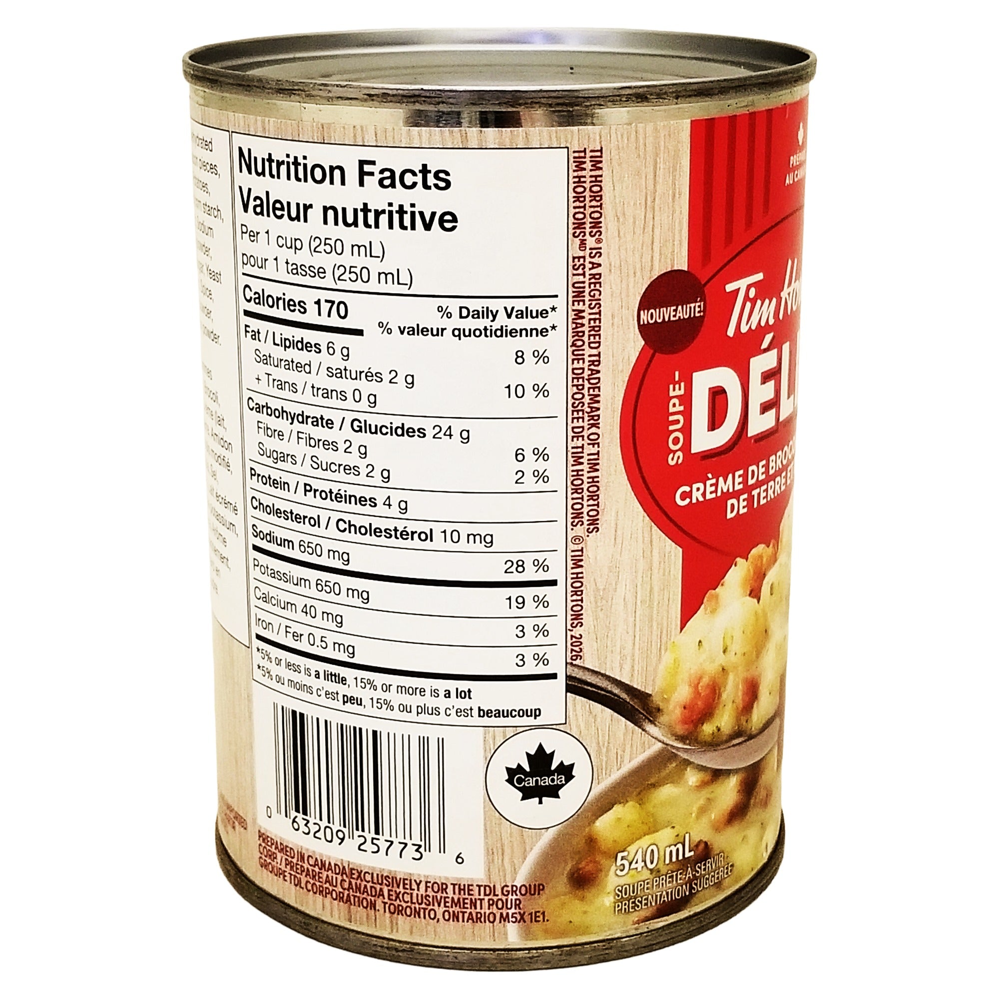 Angled Tim Hortons Loaded broccoli soup can showing nutrition facts and UPC 063209257736.