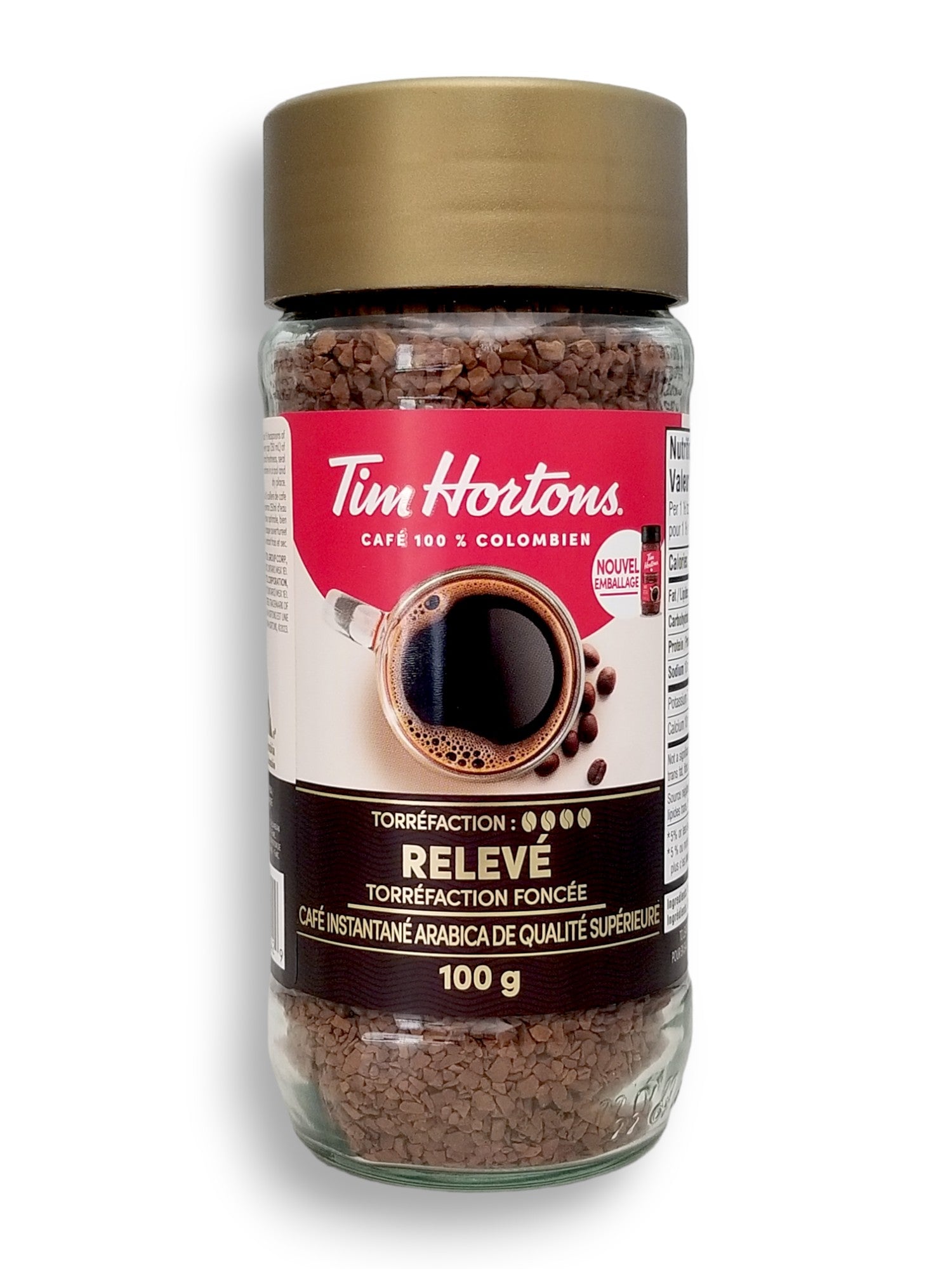 Tim Hortons 100% Colombian Instant Coffee (Intense Dark Roast) 100g/3.5oz., Jar, back of jar.
