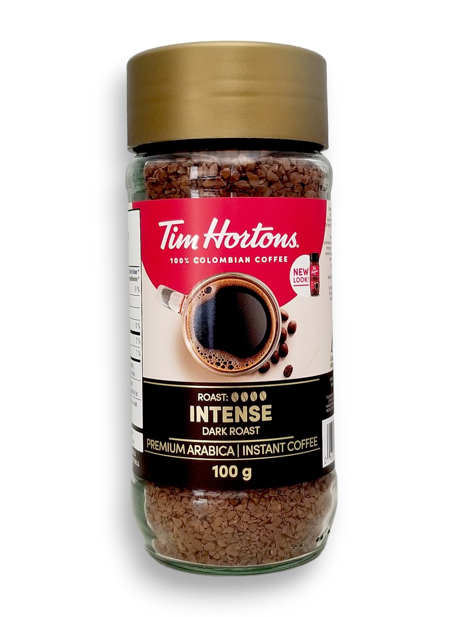 Tim Hortons 100% Colombian Instant Coffee (Intense Dark Roast) 100g/3.5oz., Jar, front of jar.