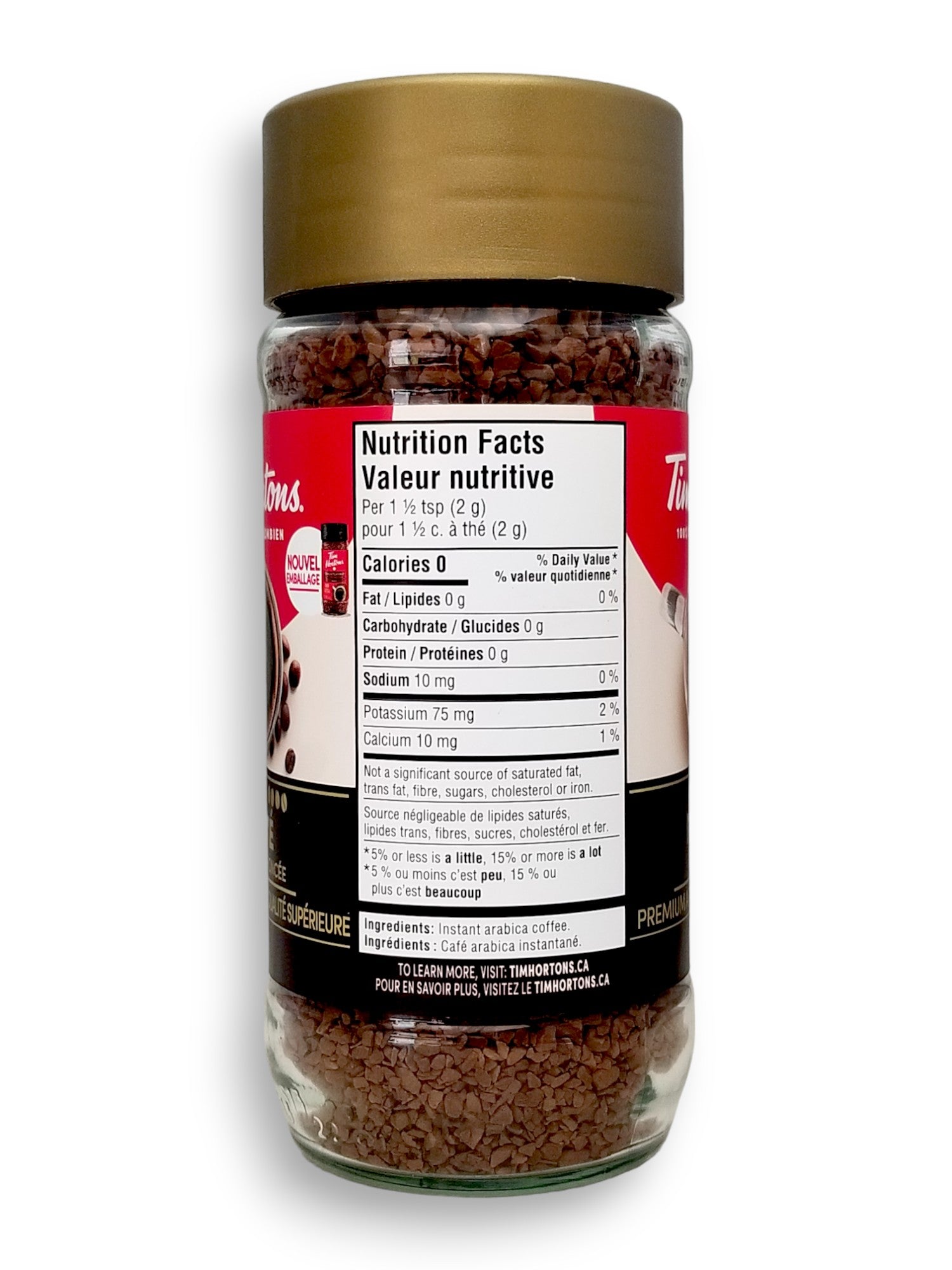 Tim Hortons 100% Colombian Instant Coffee (Intense Dark Roast) 100g/3.5oz., Jar, side of jar.