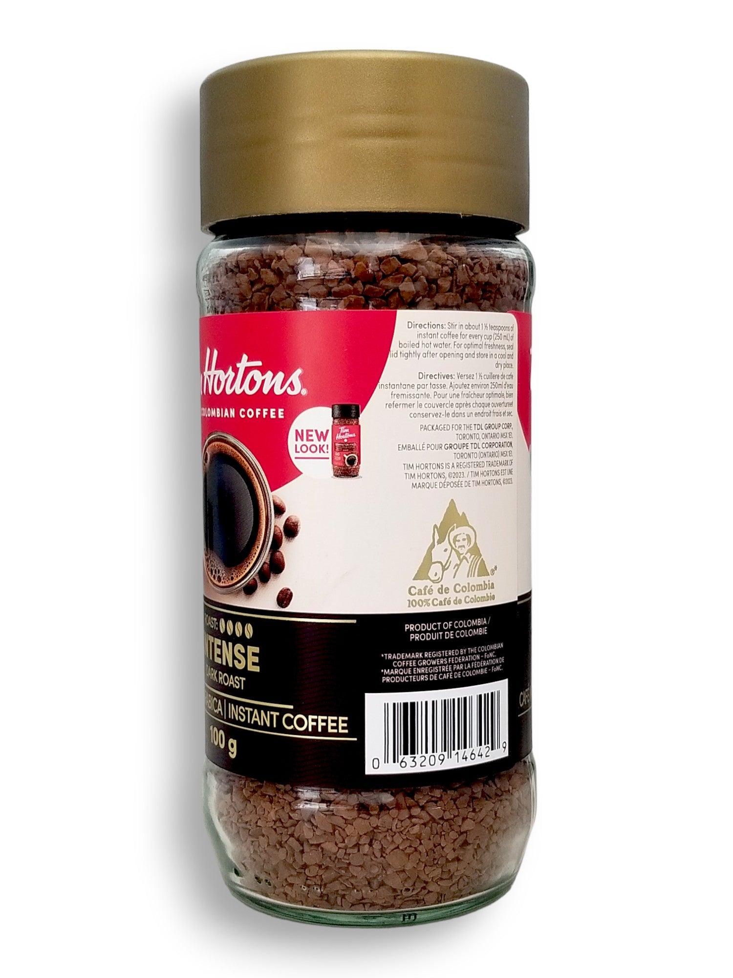 Tim Hortons 100% Colombian Instant Coffee (Intense Dark Roast) 100g/3.5oz., Jar, side of jar with upc number.