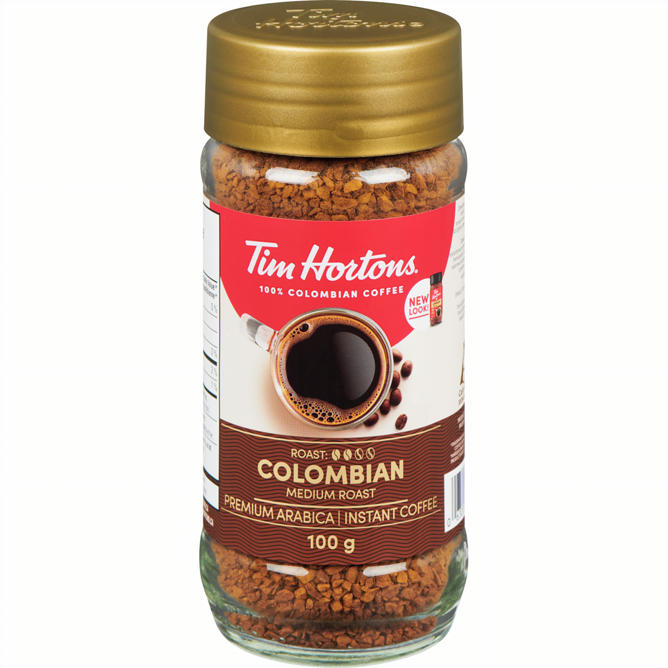 Tim Hortons 100% Colombian Instant Coffee (Medium) 100g/3.5oz., Jar, front of jar.
