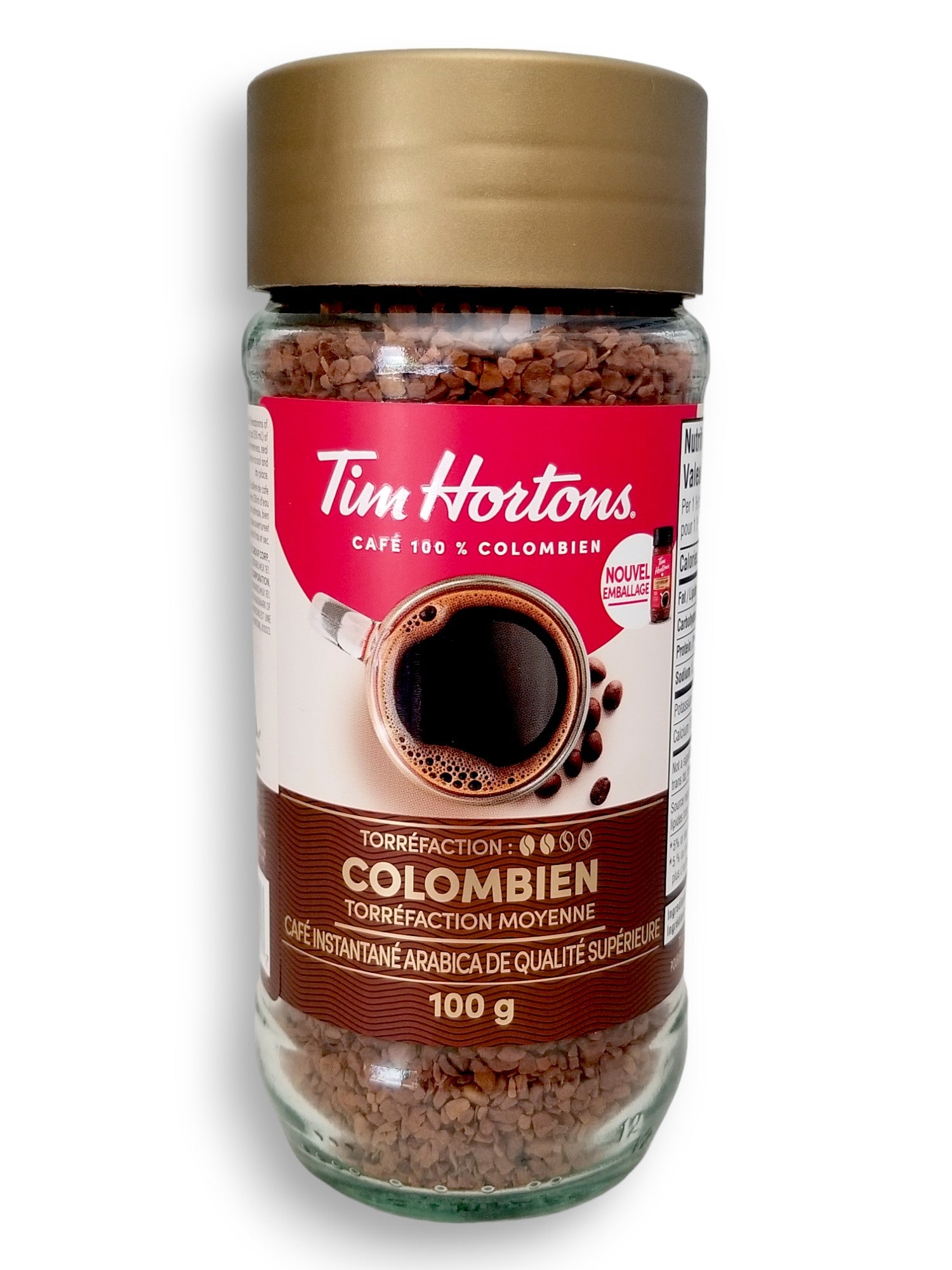 Tim Hortons 100% Colombian Instant Coffee (Medium) 100g/3.5oz., Jar, back of jar.