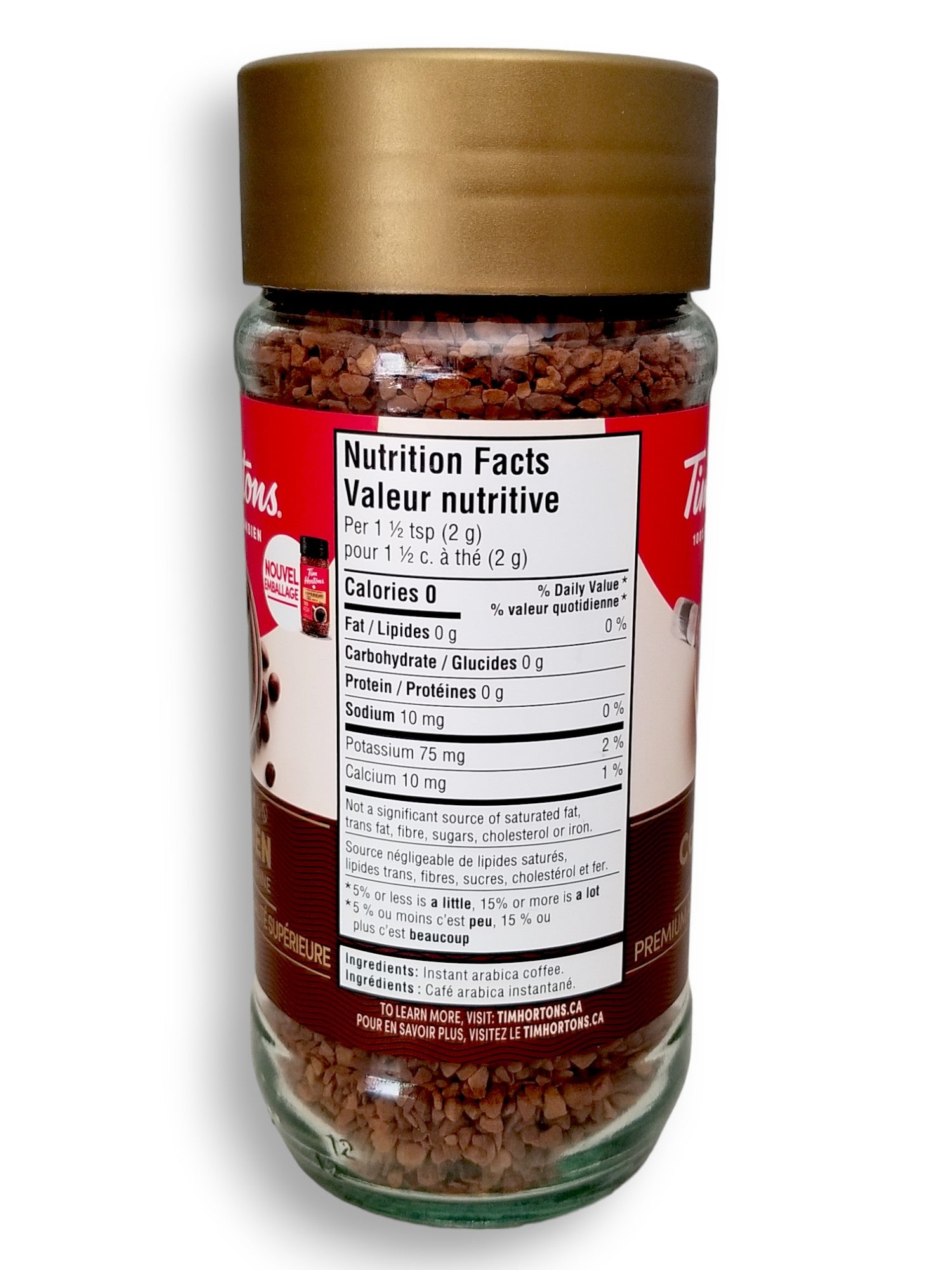 Tim Hortons 100% Colombian Instant Coffee (Medium) 100g/3.5oz., Jar, side of jar.