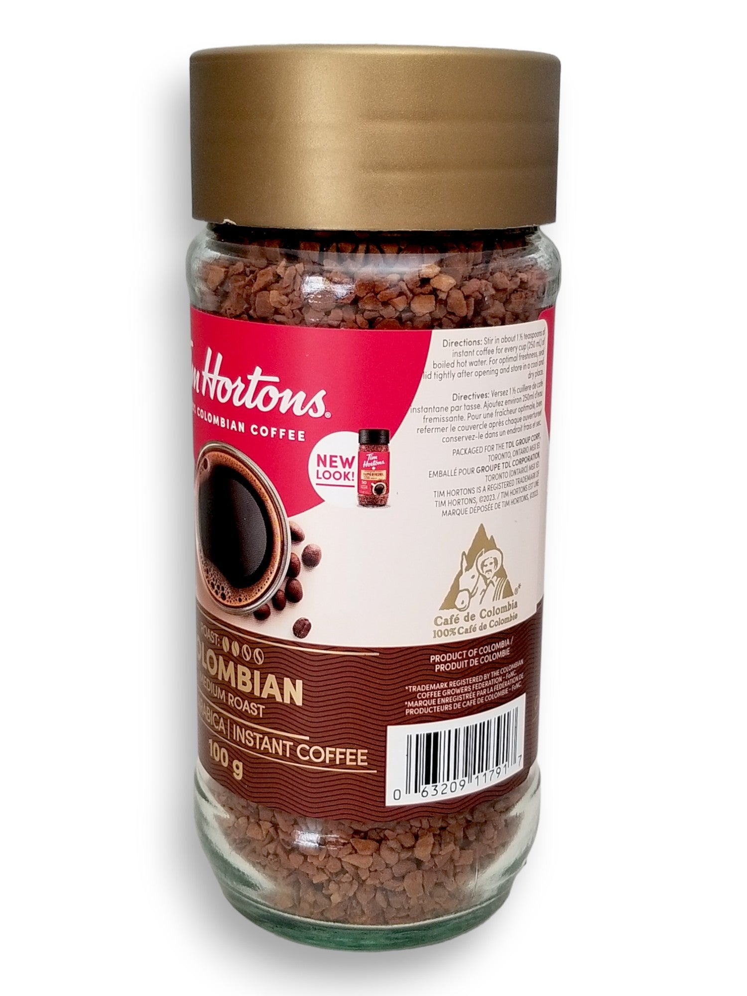 Tim Hortons 100% Colombian Instant Coffee (Medium) 100g/3.5oz., Jar, side of jar with upc number.
