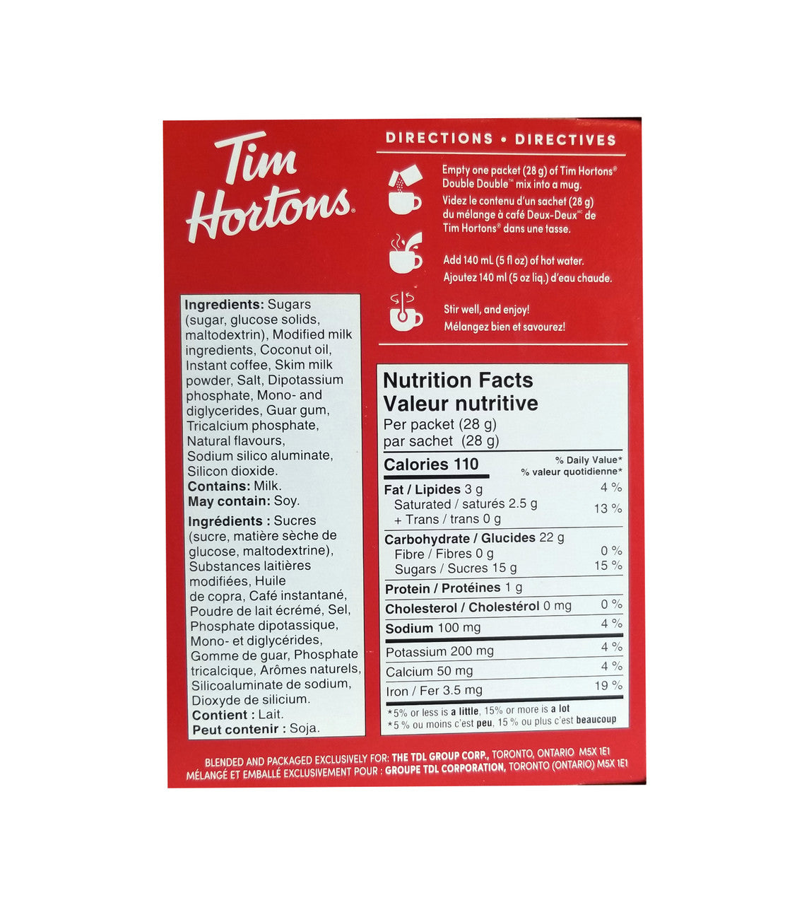 Tim Hortons Double Double Instant Coffee Mix, 8 x 28g/1 oz. Box Back Side